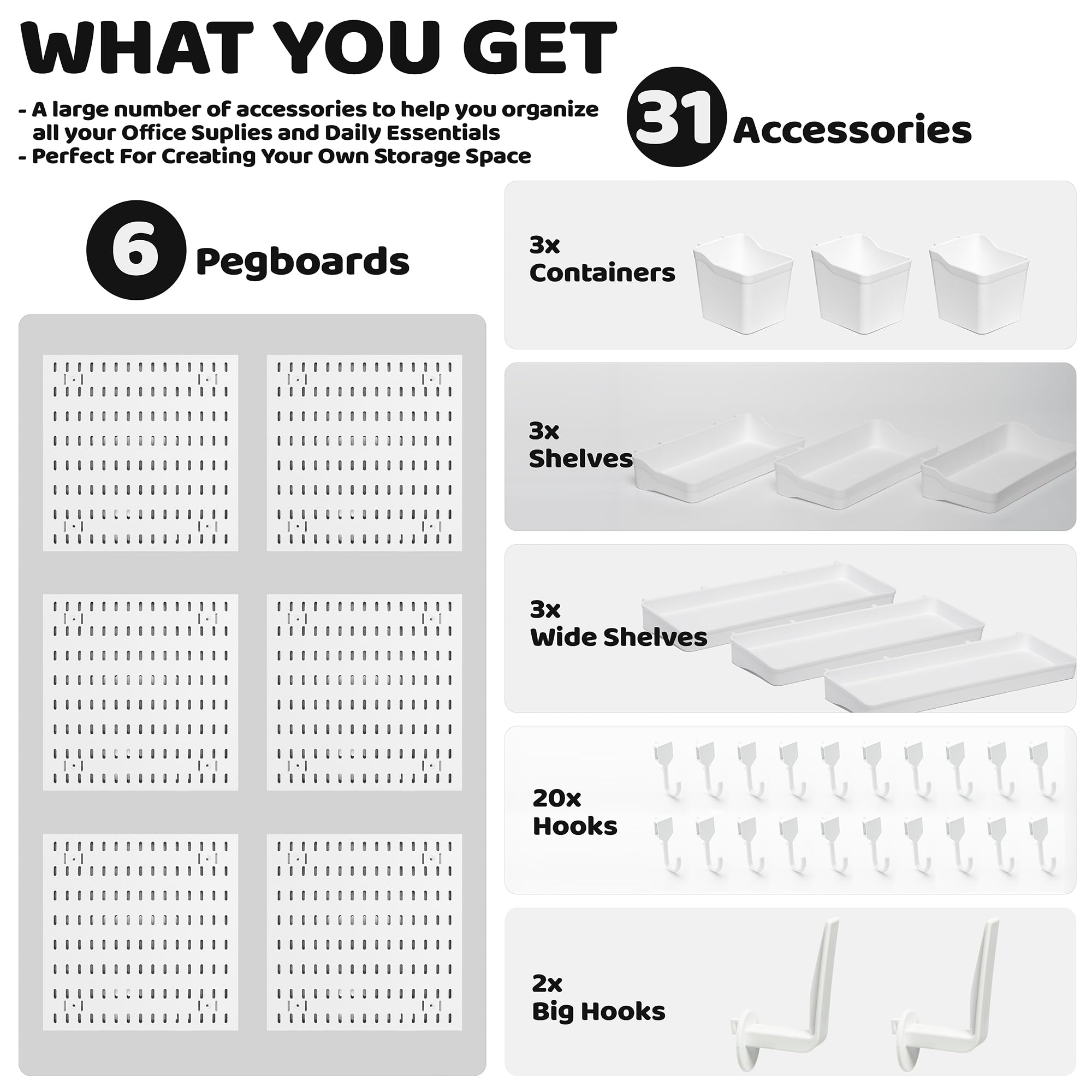Mo0yuu'life LeDeGine Stecktafel-Kombinationsset, Wandbehang, Organizer, für Schlafzimmer, Badezimmer, Küche, Büro zur Aufbewahrung, Organisation, dekoratives Display (6 Bretter und 31 Zubehör)