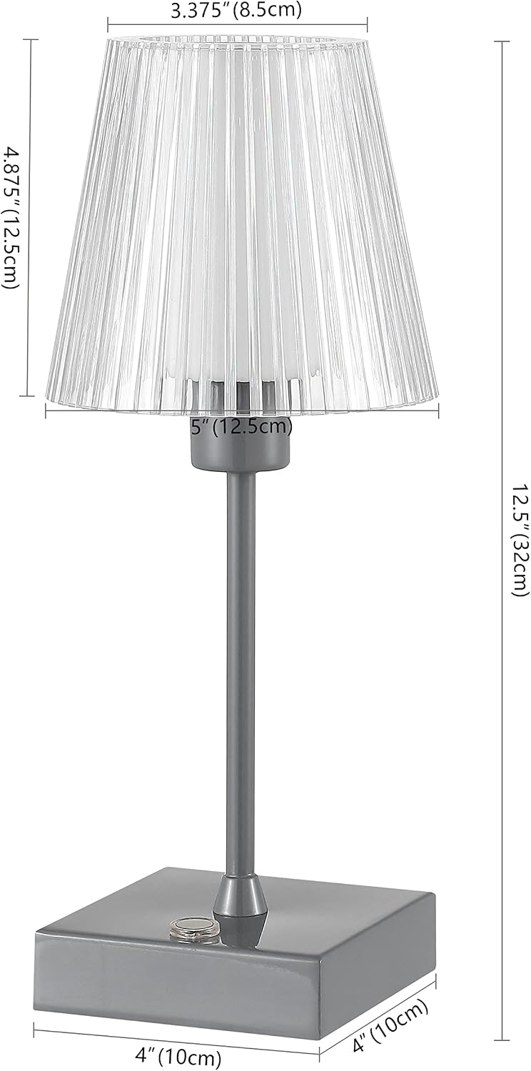 JONATHAN Y 12.5" Gray Cordless Portable Rechargeable LED Lamp, with Clear Ribbed Acrylic Shade, Touch Dimmable Modern Industrial Mini Accent Lamp for Bar Vanity (JYL7225D)