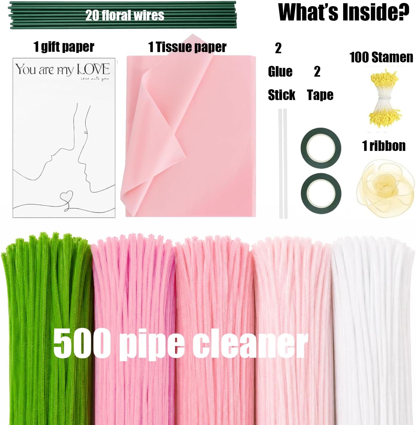 500PCS Pipe Cleaners Craft, 5 Colors Chenille Stems Bulk for Arts and Crafts Supplies, DIY Flower Making, Creative Projects, Holiday Decorations & Kids Handmade Toys
