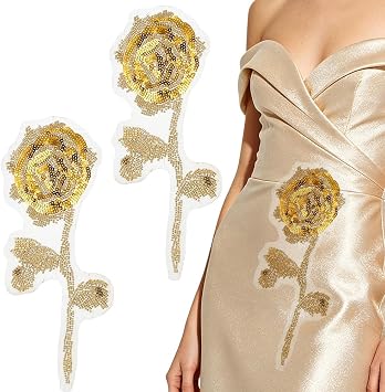AHANDMAKER 2Pcs Golden Rose Flower Applique Patches, Sparkling Sequin Embroidered Sew On Patches Floral Beaded Lace Appliques for DIY Sewing Wedding Bridal Gown Evening Dress Clothes Embellishments