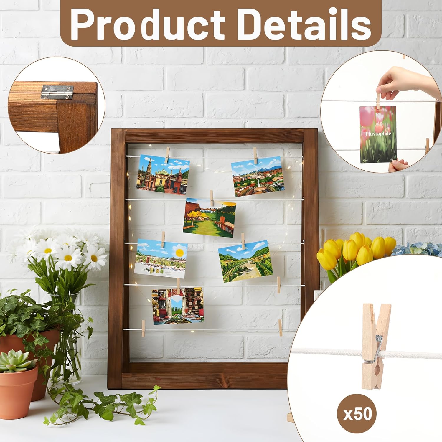 Sintuff Walnut Wood Photo Display Rack with Clips Farmhouse Picture Collage Board Graduation Standing Picture Frame Clothesline Photo Display Stand Decor for Postcard (Flat Edge,29 × 24 Inches)