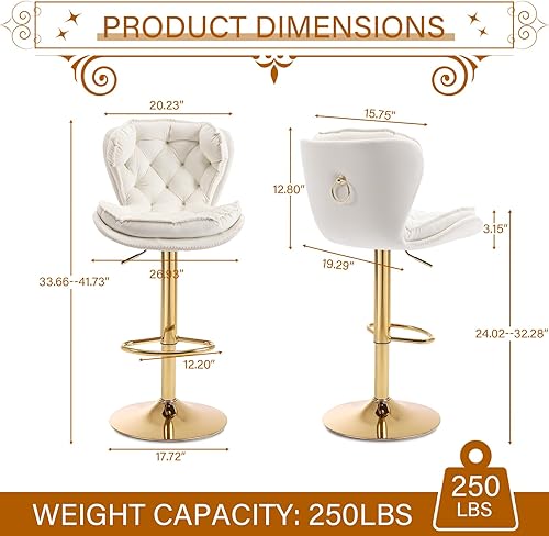 Miniatura 3 de Juego de 2 taburetes de bar giratorios de altura de mostrador con parte trasera tapizada de terciopelo, taburete ajustable, taburete de bar moderno