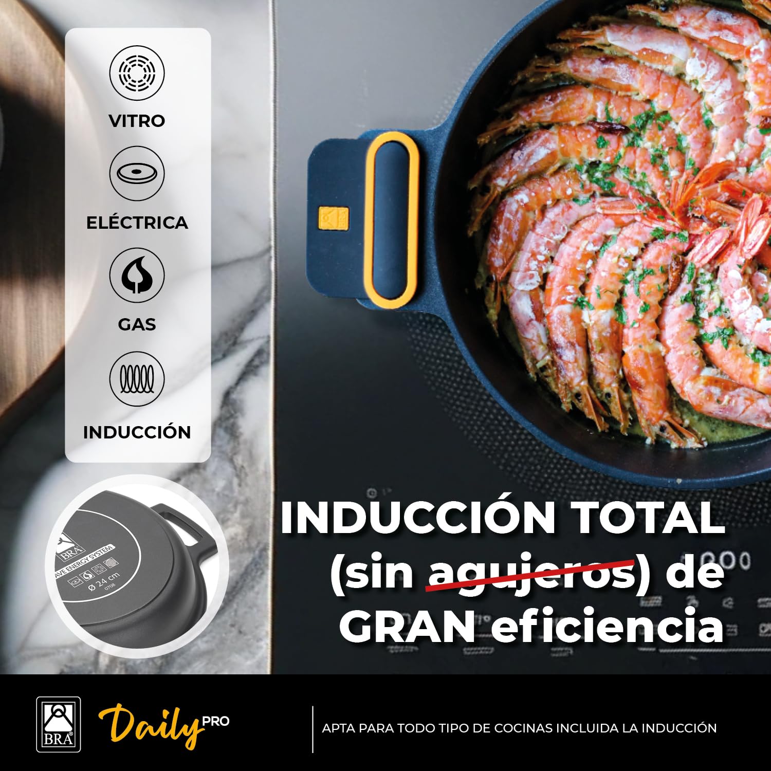 BRA Daily Pro | Casseruola bassa 32 cm alluminio fuso, antiaderente senza PFOA, Adatta a tutti i tipi di piani cottura e induzione