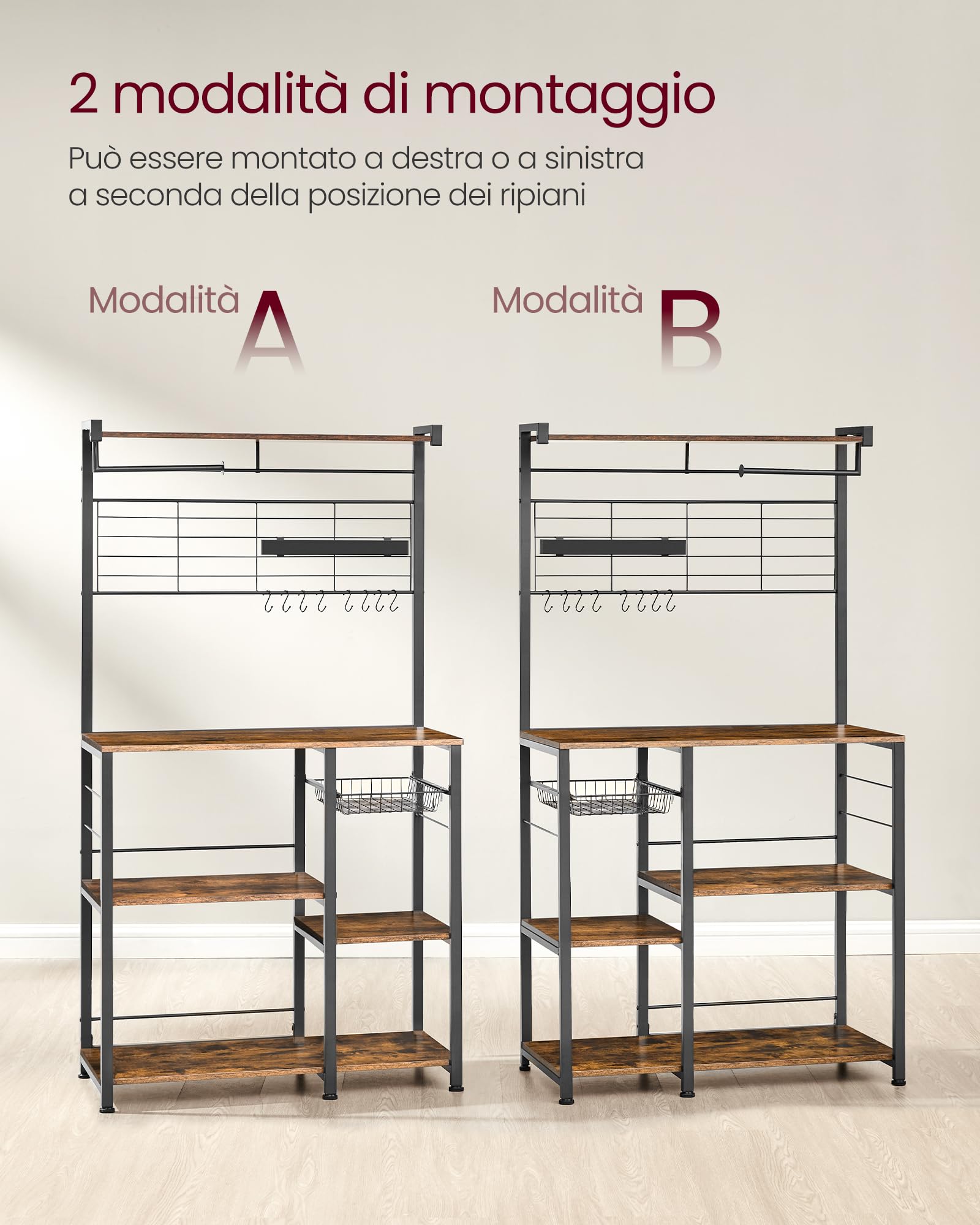 VASAGLE Scaffale Cucina, Scaffale per Microonde, Mobile Cucina con Portacoltelli Magnetico, Cestino, Portarotolo, 12 Ganci, Marrone Vintage e Nero KKS026B01