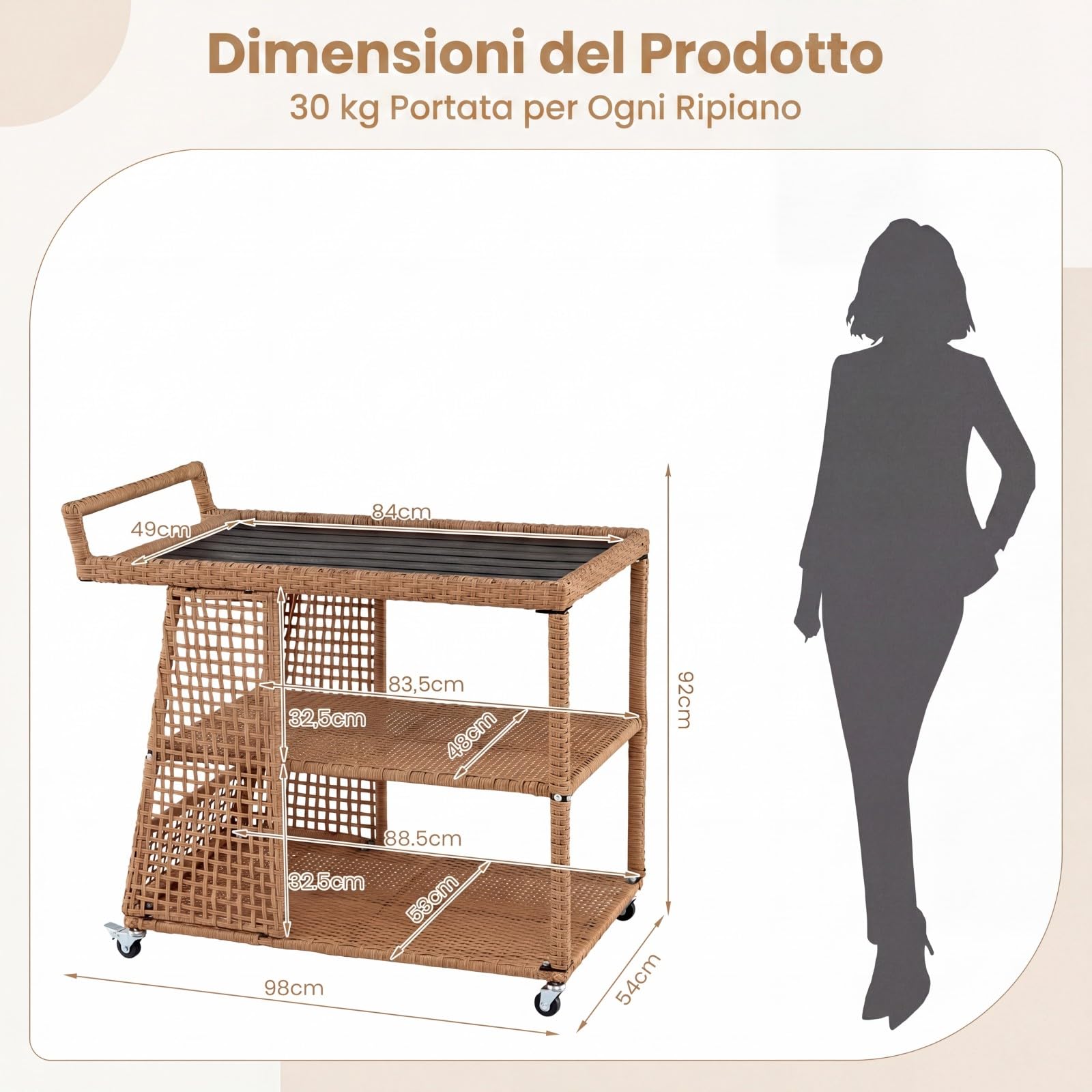 SOARS Carrello Bar in Rattan, Carrello Portavivande con 3 Ripiani Aperti e 4 Ruote, Maniglia Ergonomica, Moderno Carrellino Servizio Esterno Interno per Giardino, Terrazzo, Cucina, 98 X 54 X 92 CM