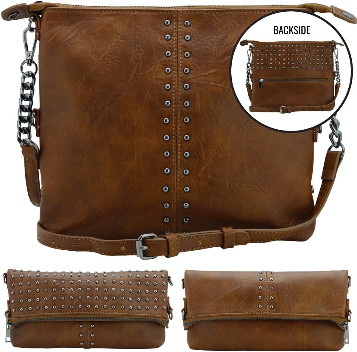 K&Bo Stevie Women’s Studded Chain Crossbody Handbag Purse, Rocker Chic Boho Medium, Converts to Clutch Bag, Lightweight