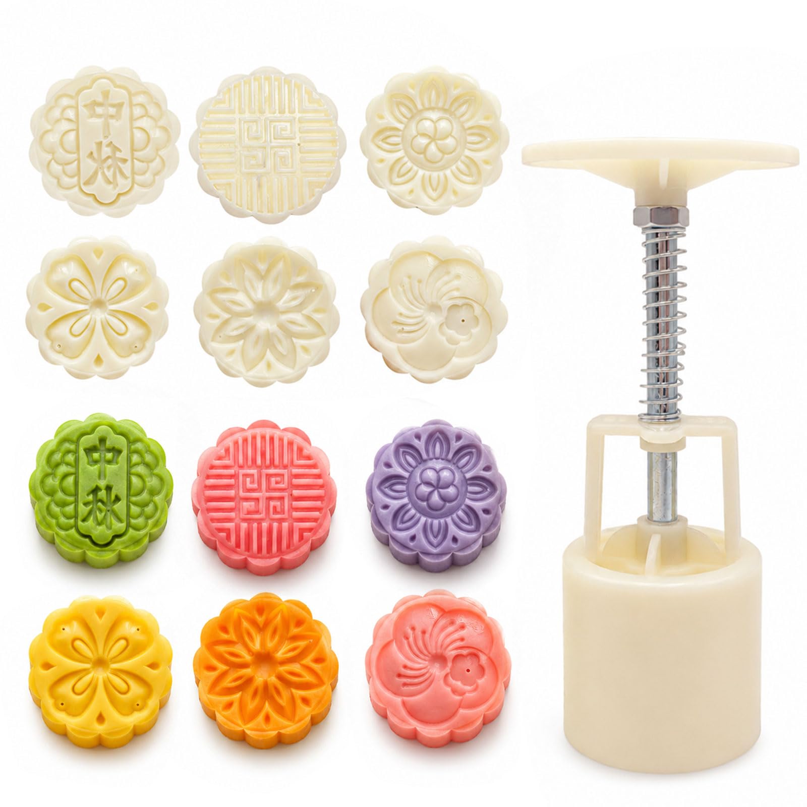 Mooncake Press Molds Set 50g with 6 Flower Stamps, 3D Round Mooncake Press Mold Set for DIY Mid-Autumn Festival Baking, Cookie Pastry Maker Tool for Traditional Chinese Desserts