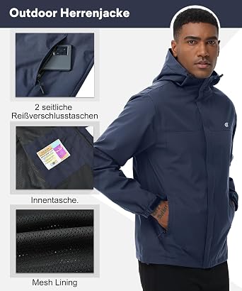 Huayuzh Men's Softshell Jacket Waterproof Breathable Windproof Rain Jacket Lightweight with Hood Running Hiking