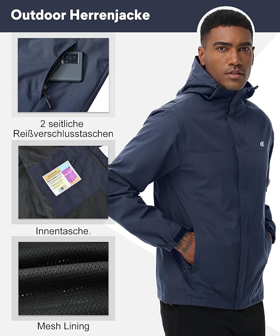 Huayuzh Men's Softshell Jacket Waterproof Breathable Windproof Rain Jacket Lightweight with Hood Running Hiking