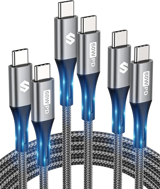 Silkland USB C to USB C Cable [3 Pack, 0.5M+1M+2M] 60W 20V/3A, USBC to USBC Cable Fast Charging for iPad Air, iPad Pro, iPad Mini 6, MacBook Pro/Air, Samsung Galaxy S22 S21 S20 Galaxy Tab, Mi