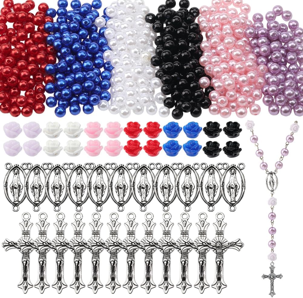 SUNNYCLUE 696Pcs Rosary Making Kits Vintage Crucifix Pendants Easter Cross Link Charms Rosary Crosses Red Pink Rose Bead Imitation Pearl Beads for Jewelry Making Supplies DIY Necklace Bracelets