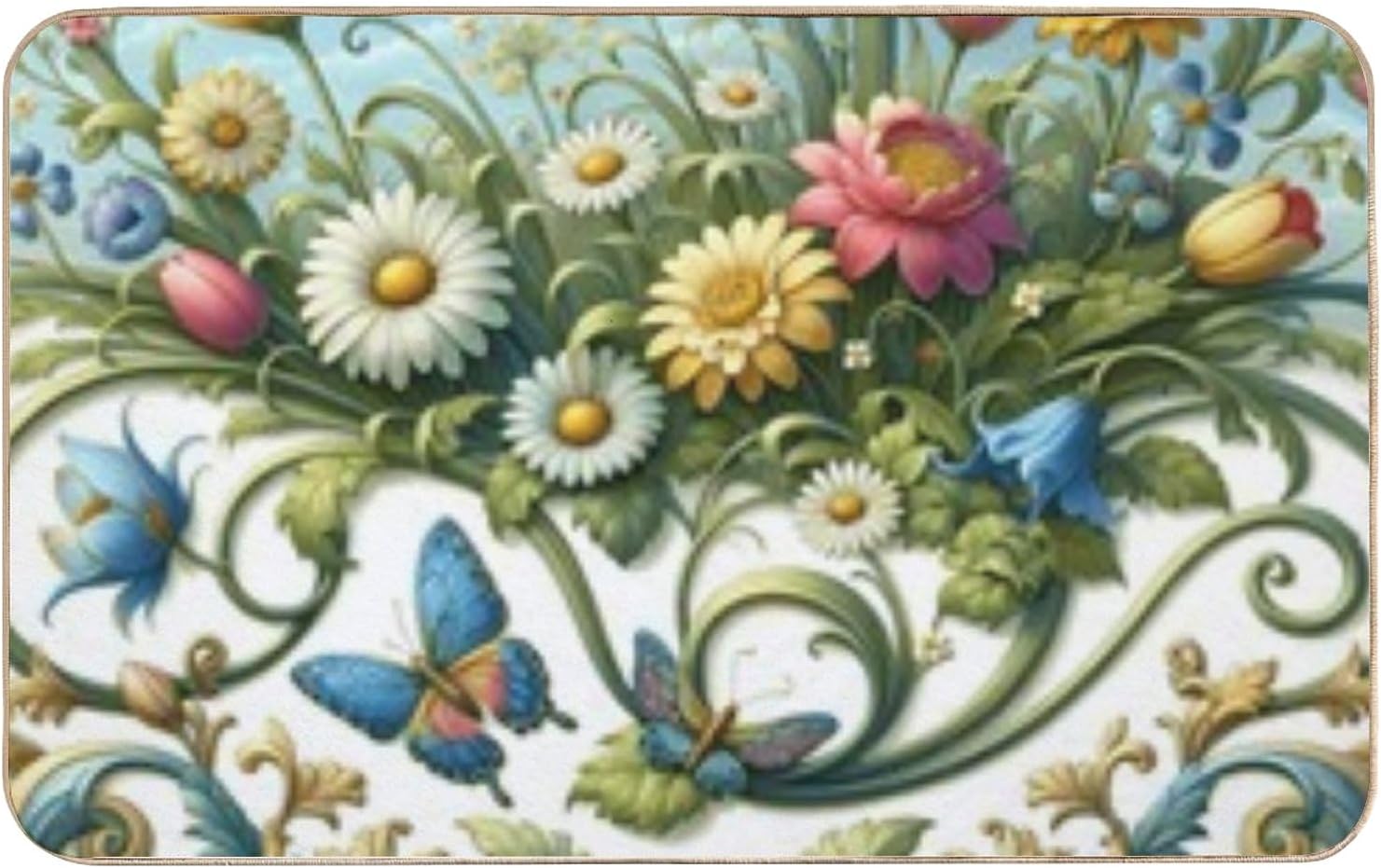 Flannel Bath Mat 24 × 35 Inch, Rococo Floral No Slip Bathroom Rug Water Absorbing Modern Farmhouse Decor Thin Bathroom Rugs Fit Under Door Indoor Door Mats for Entryway