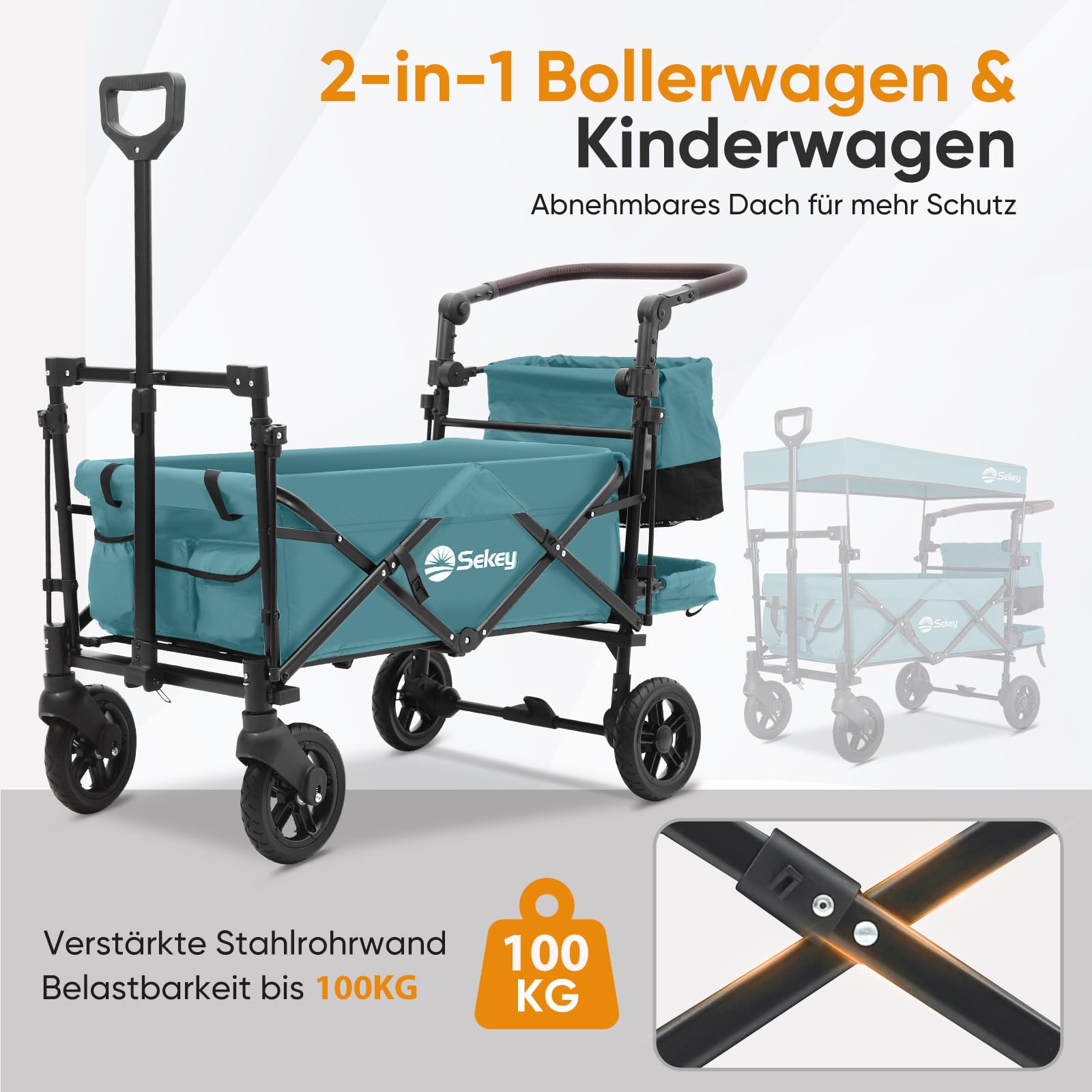 Sekey Wózek składany z dachem, dla 2 dzieci, 150 kg, wózek ręczny, uchwyt przesuwny, odporny na uderzenia, koła PU z hamulcami 110 l, SS5050, ciemnozielony