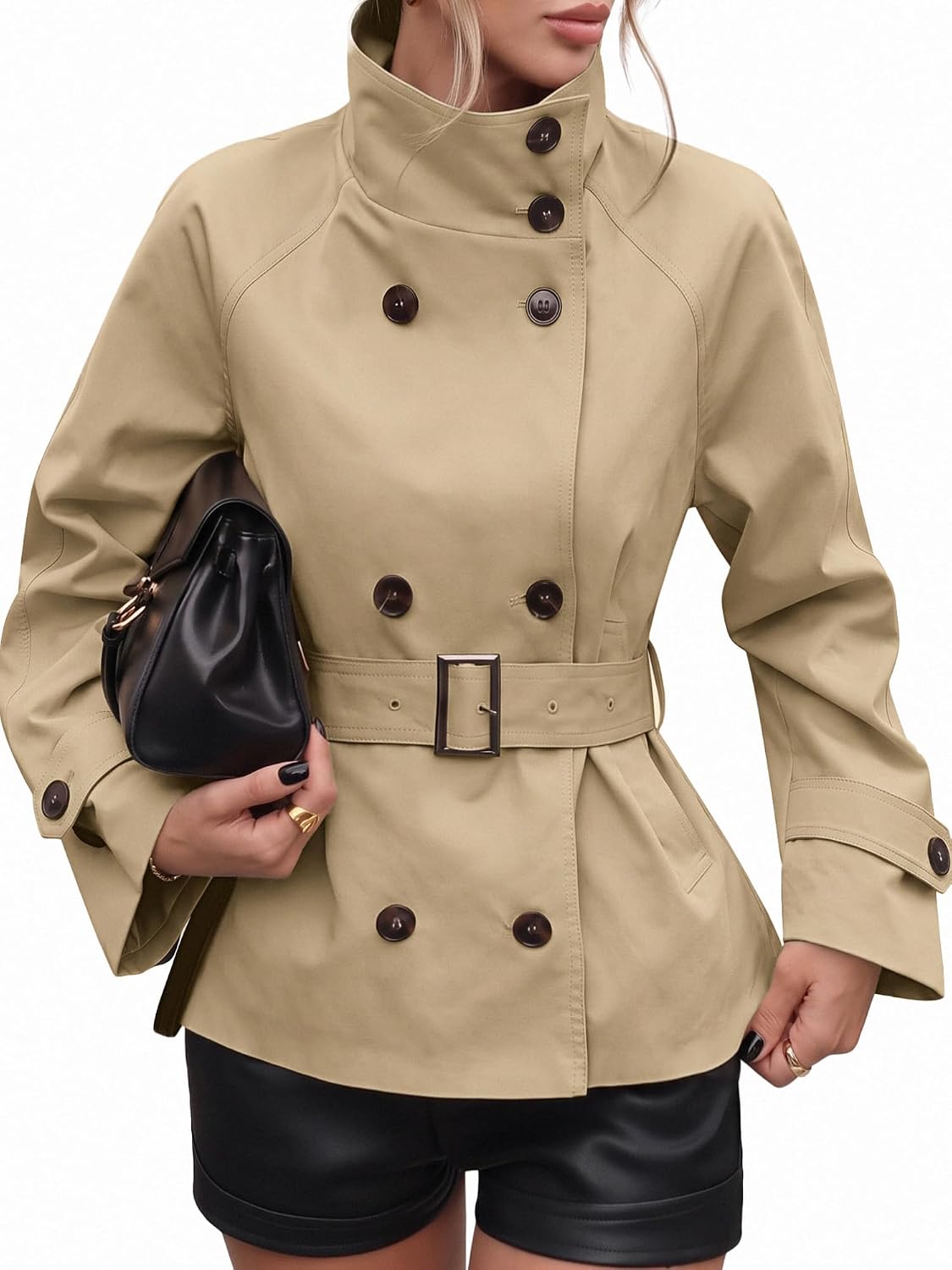 ELLEVEN Womens Cropped Trench Coat Funnel Neck Fall Trendy Jacket with Belt