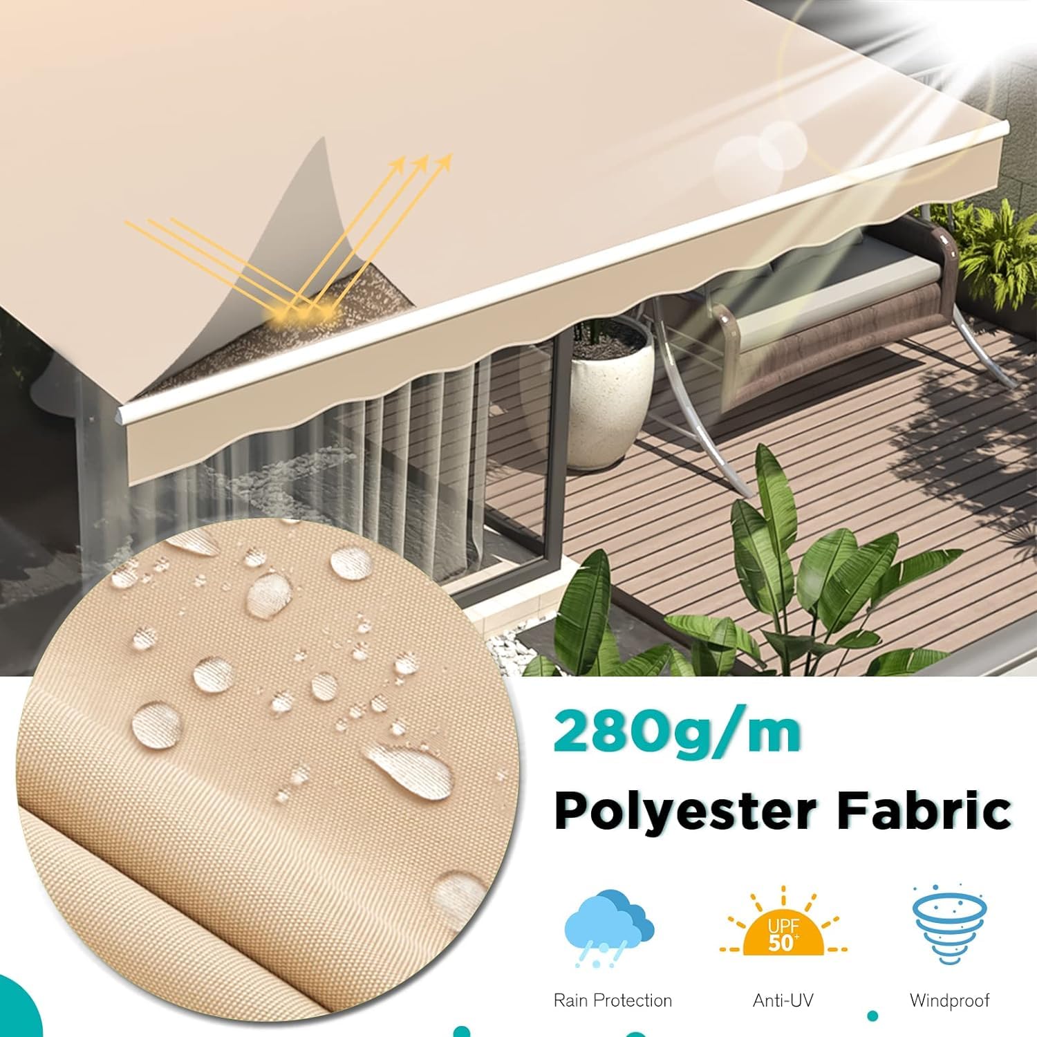 Toldo retráctil de repuesto de tela de poliéster impermeable para sombrilla al aire libre, balcón, sombra de 2 m, color caqui y resistente a la intemperie