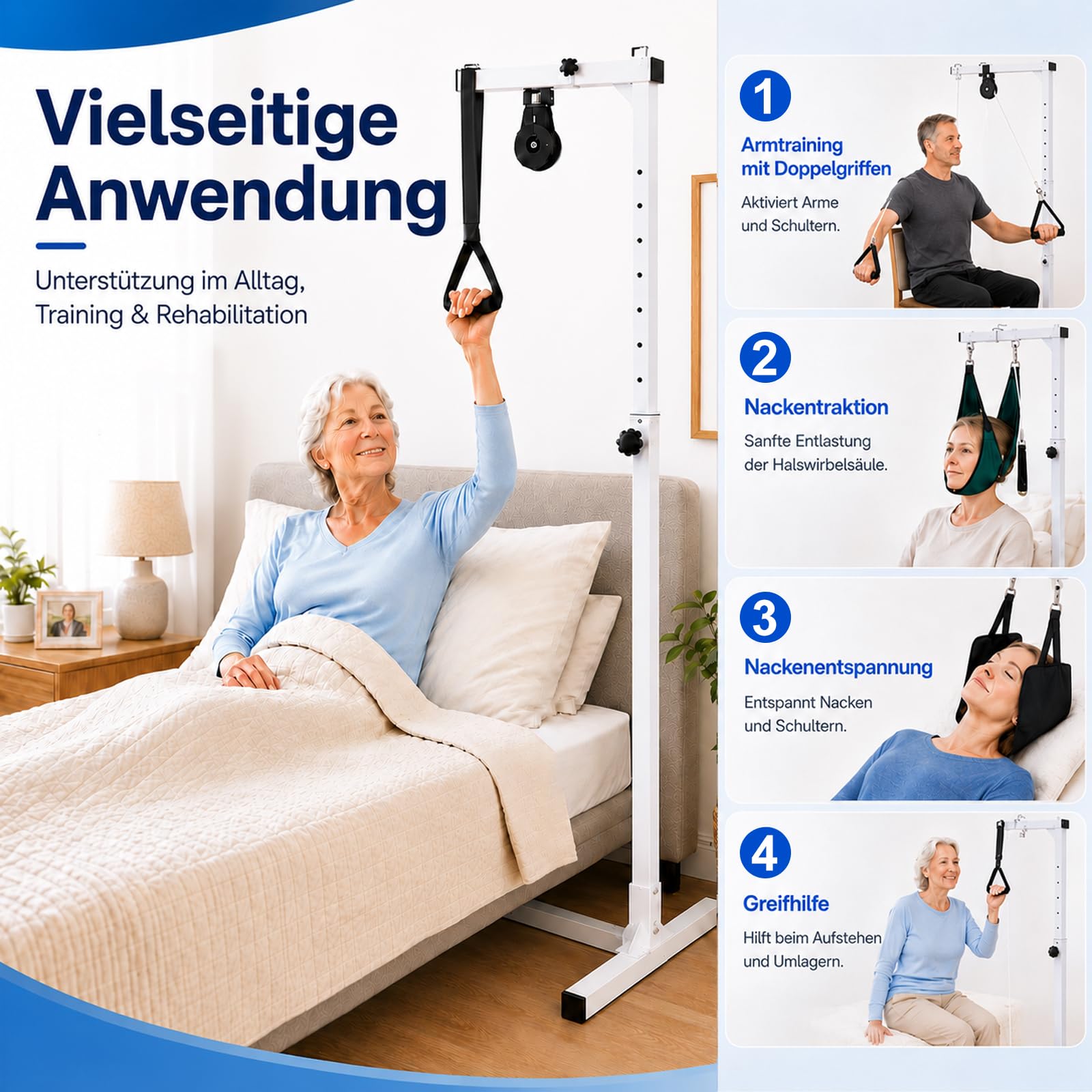 Unabhängige Aufrichthilfe für Senioren, 130-175 cm Höhenverstellbarer Bettgalgen Freistehend, H-förmiger Sockel, 100 kg Tragkraft Stabiler Aufstehhilfe Galgen für Bett für Pflegebett