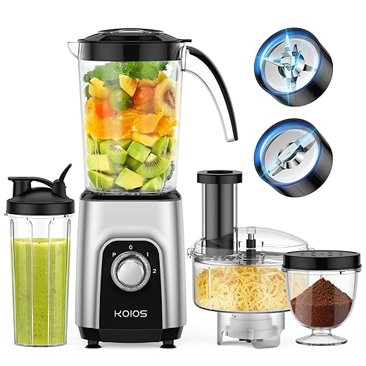 KOIOS 850W Countertop Blenders for Shakes and Smoothies, Protein Drinks, Nuts, Spices，Fruit Vegetables Drinks，Coffee Grinder for Beans,11-Piece Kitchen Blender Set with 6 Super Smooth Blade，Portable Mixer with 2x18.6 Oz and 10 Oz Travel Bottles, 2 Spout Drinking Lids, BPA Free (Gray-black)