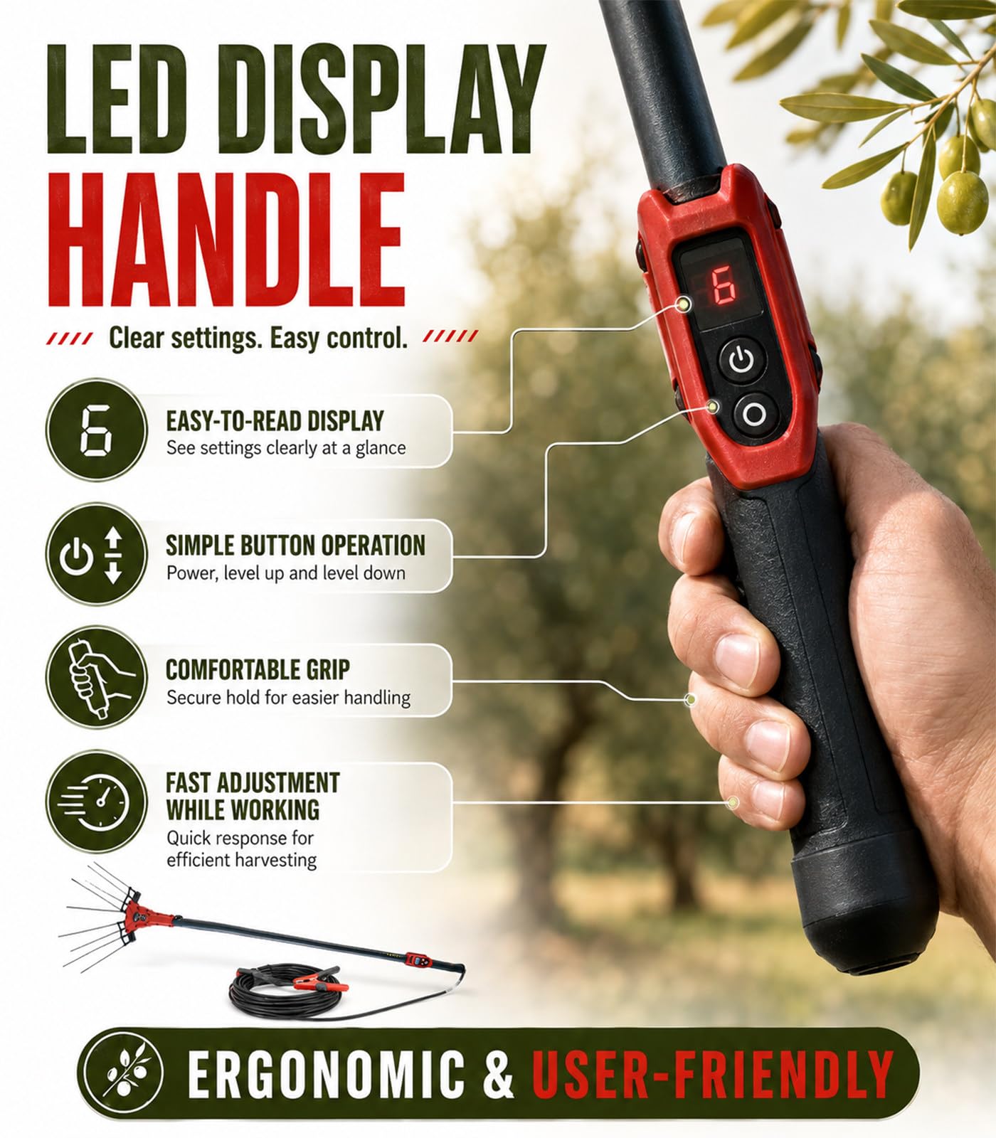 Raccoglifrutta Elettrico Senza Fili 600W | Per olive, noci, chicchi di caffè e bacche