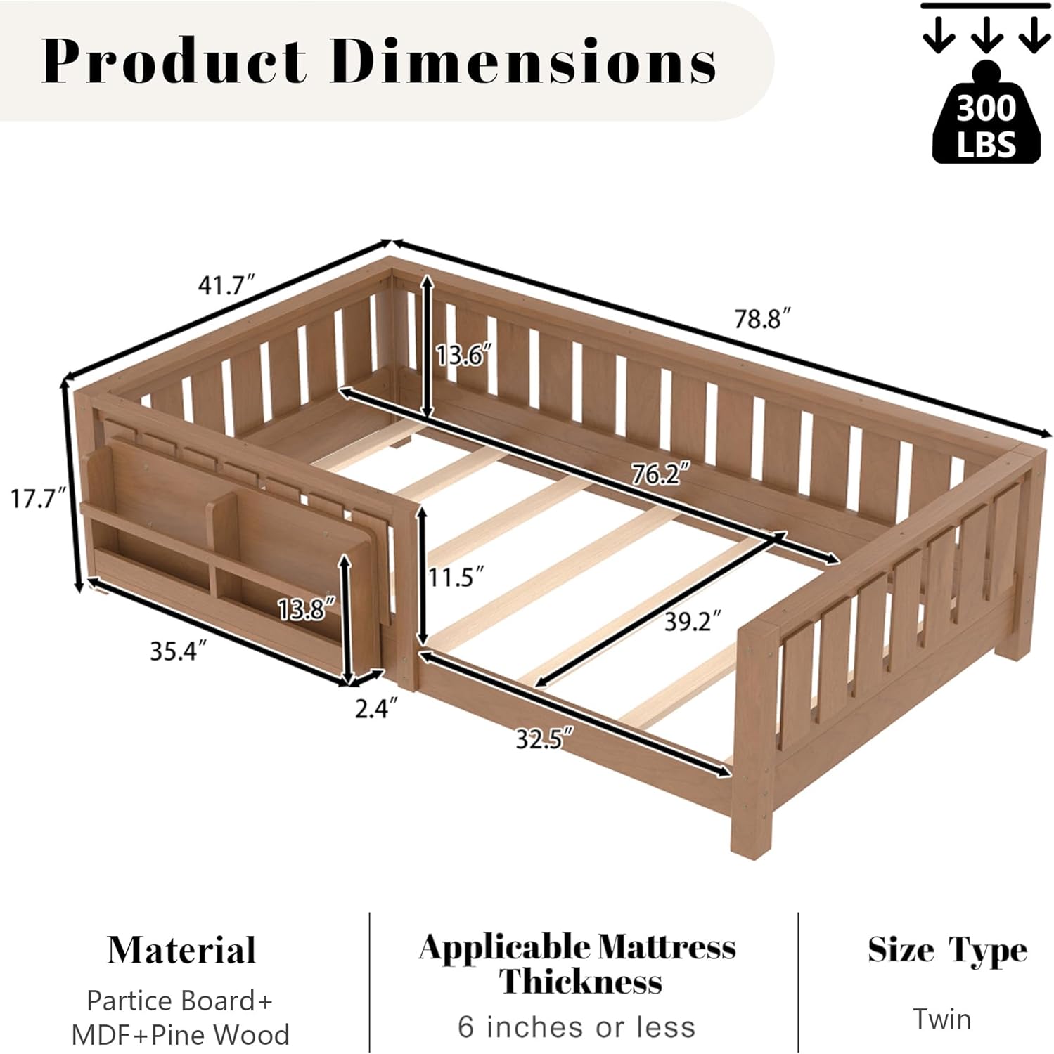 Bellemave Twin Size Montessori Floor Bed Frame, Kids Floor Bed Twin with Bookshelf and Safety Guardrails for Girls Boys, Natural