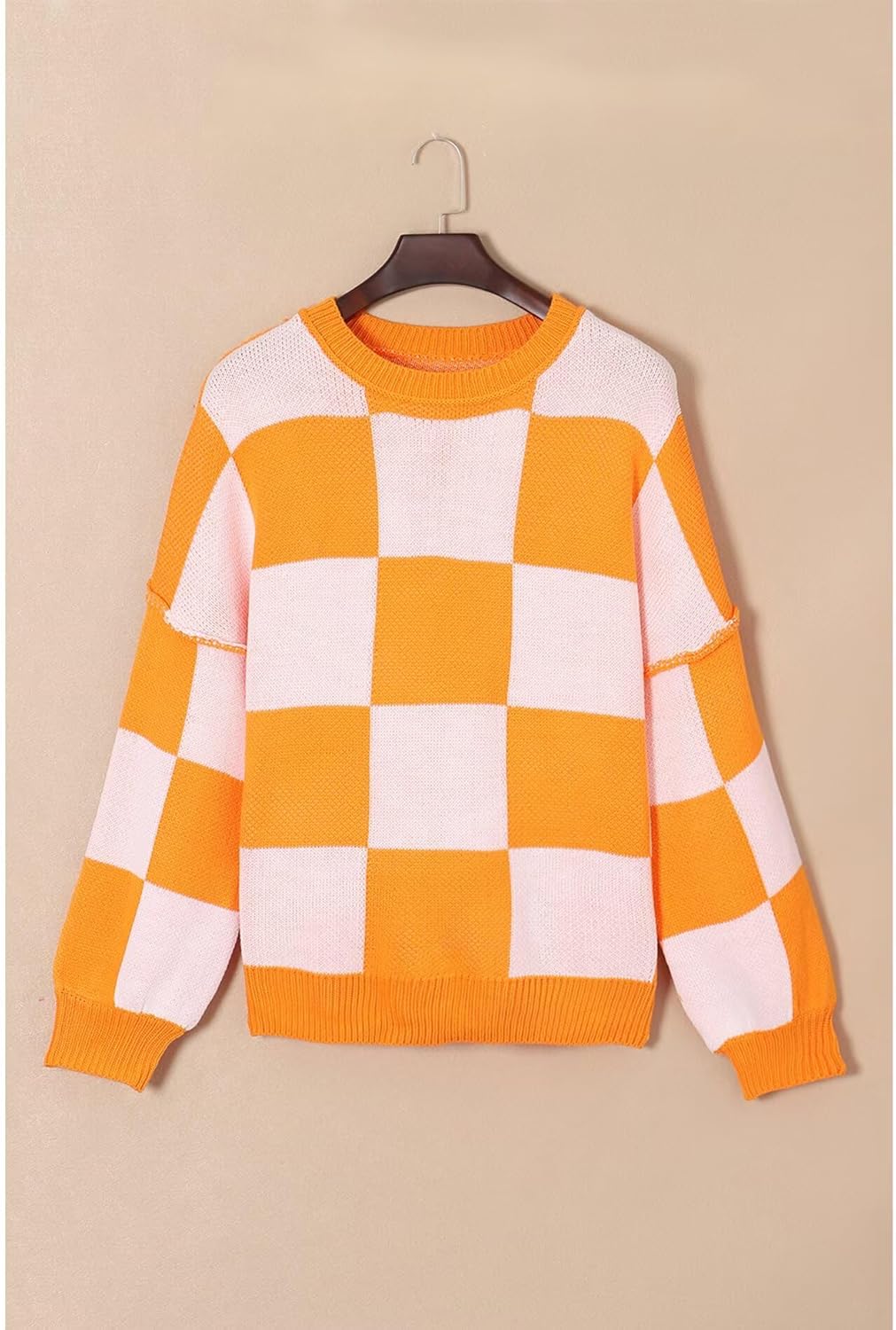 Women's Casual Crew-Neck Long Sleeve Sweater Checkered Pullover Knit Sweaters Jumper Top - Image 5