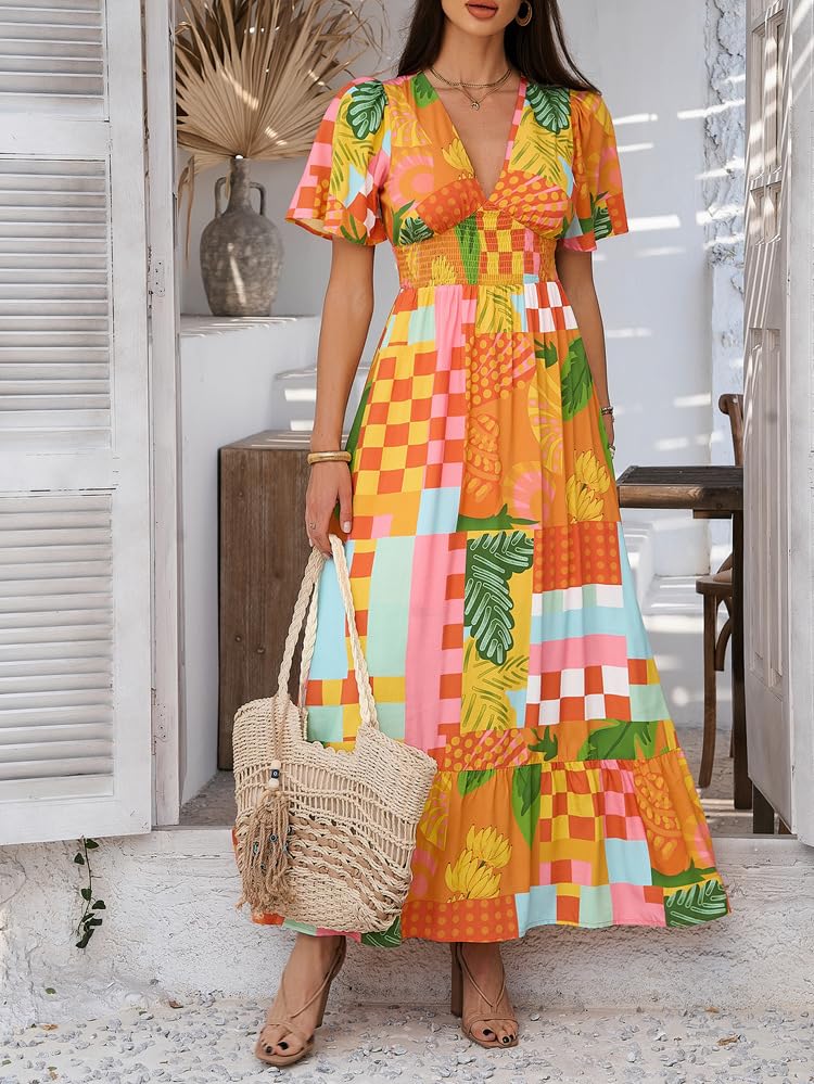 Image of Boho Floral Maxi Dress for Women 2026 Empire Waist Short Sleeve Dresses Summer Beach Vacation Wedding Guest Outfit