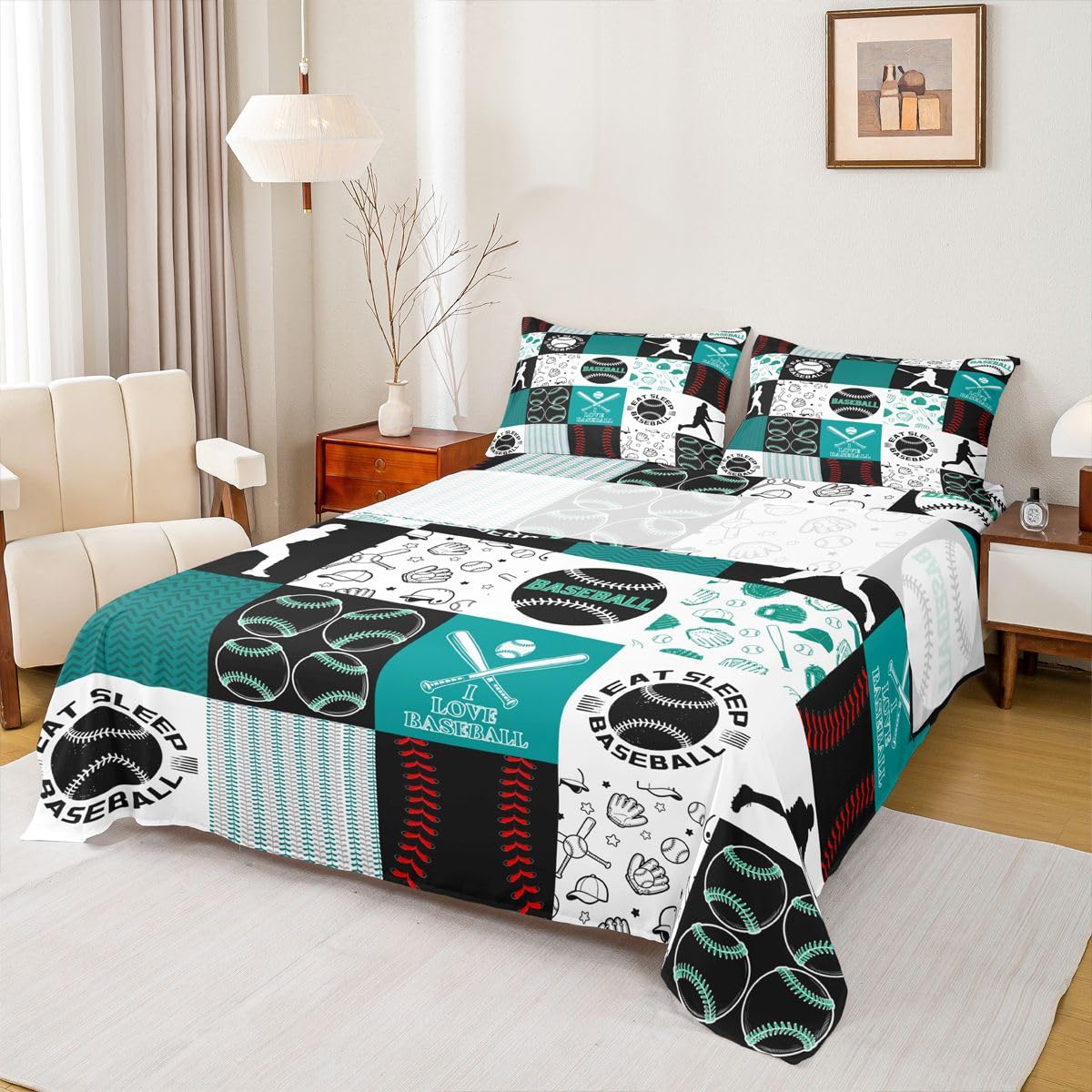 Castle Fairy Baseball Bed Sheet 4 Piece,Patchwork Baseball Sheets Full Size Bed Set,Sports Geometric Grid Green Bedding Set with Flat,Fitted Sheet,2 Pillow Cases