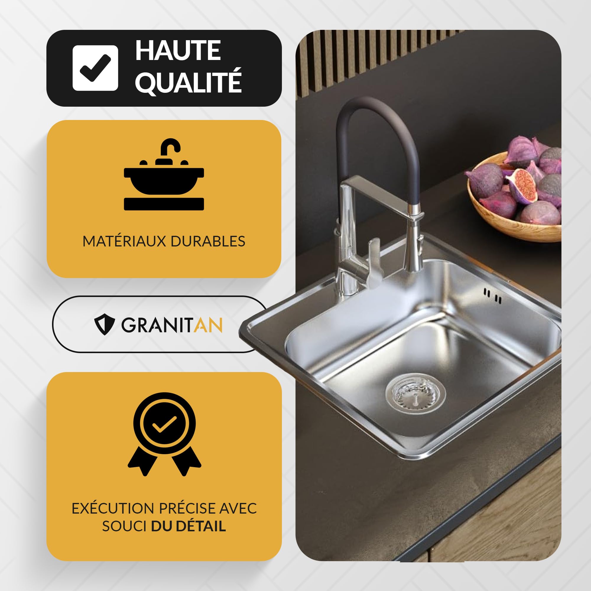Évier de Cuisine en Acier Inoxydable 38x38 cm avec Siphon - Trou Robinet ⌀ 92 mm - Facile à Encastrer - Satin - GRANITAN