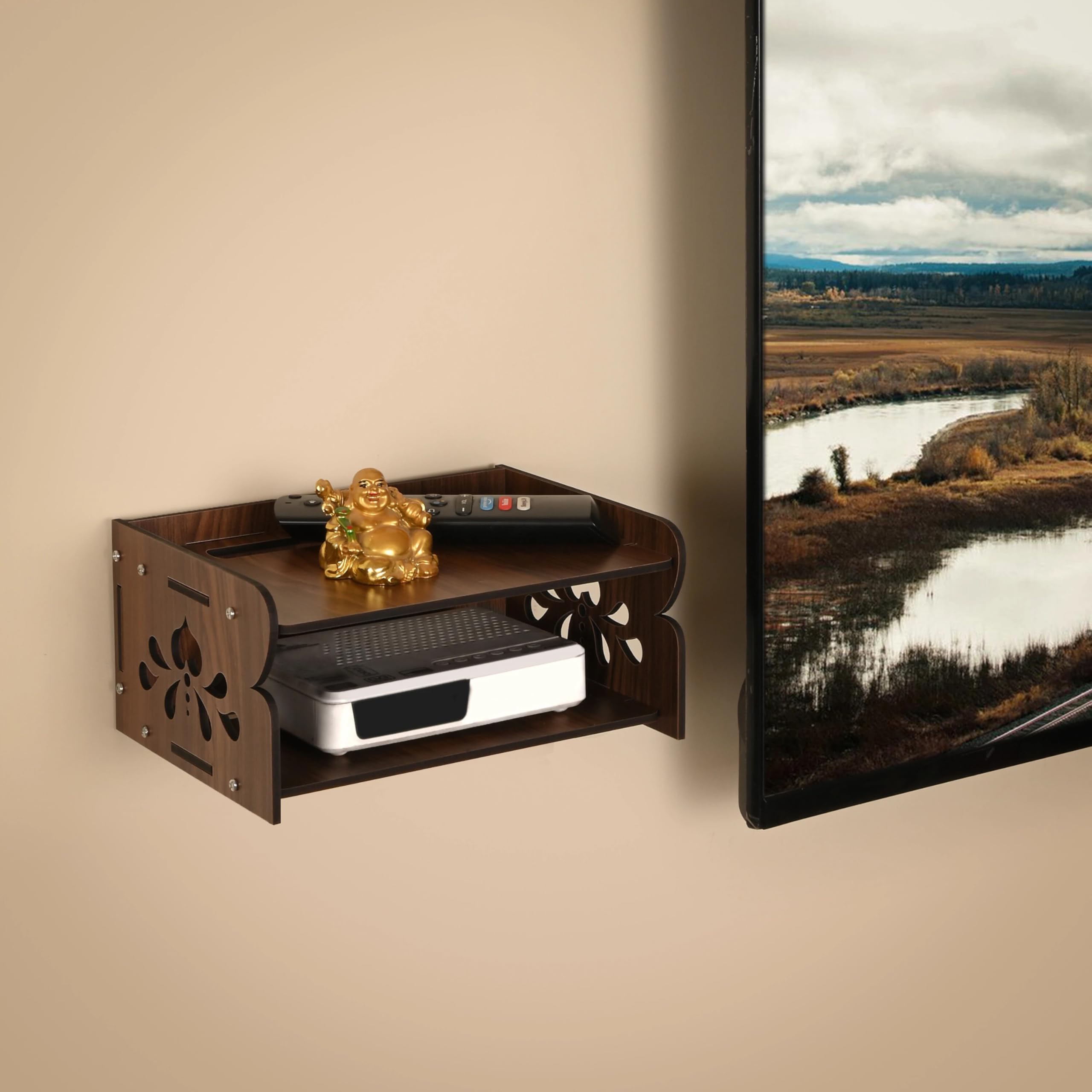 GOJEEVA KRAFT Wall Mounted Wooden Set Top Box Stand | TV Unit Shelf for Router, Remote & Media Devices | Compact & Durable Wall Shelf(Design 2)-image-29
