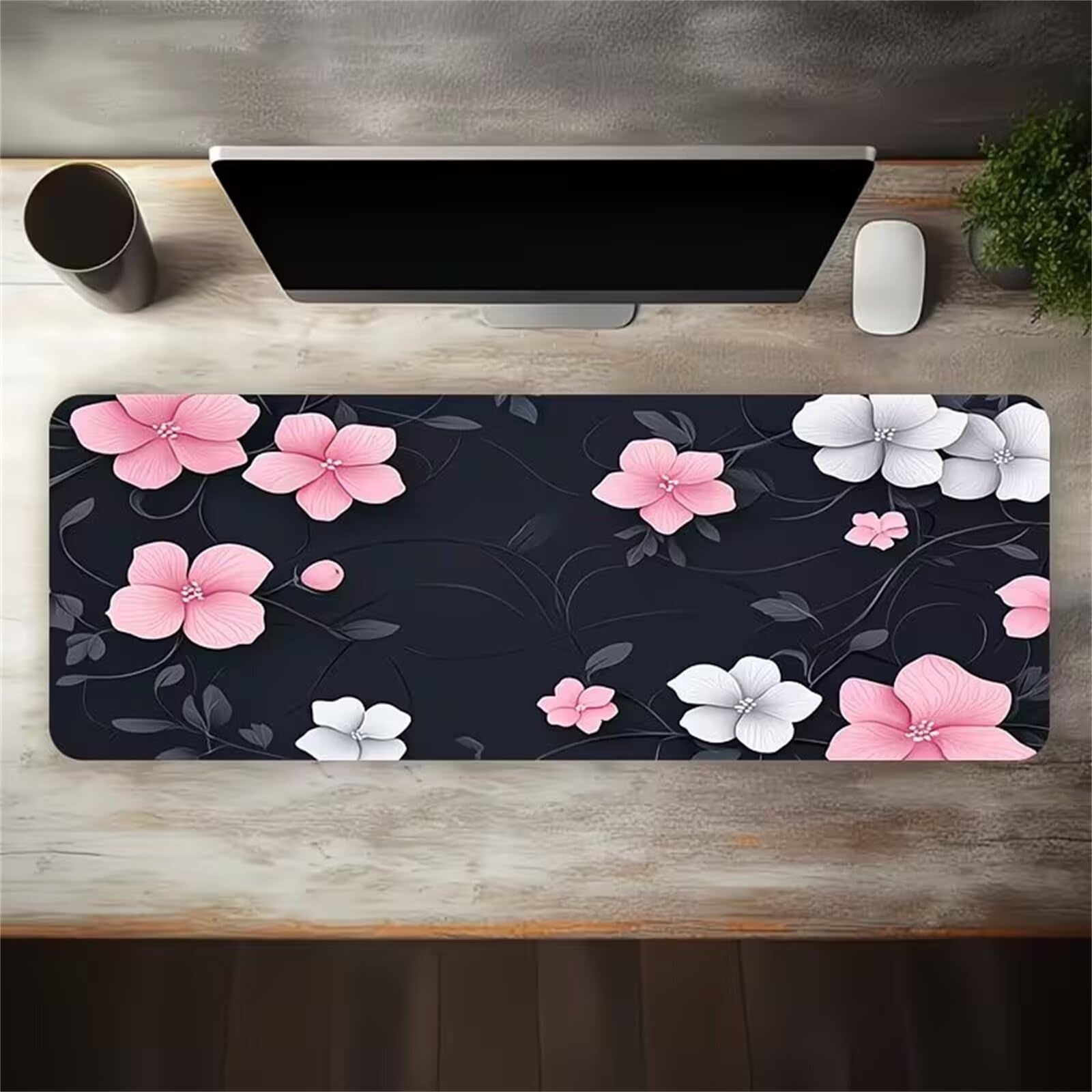 Tappetino Mouse XXL 800x400x3mm Fiori rosa e beige tappetino per mouse Gaming,Base Antiscivolo,con Bordi Cuciti,Sottomano Grande Dimensione per Uffici e Scrivanie da Gioco