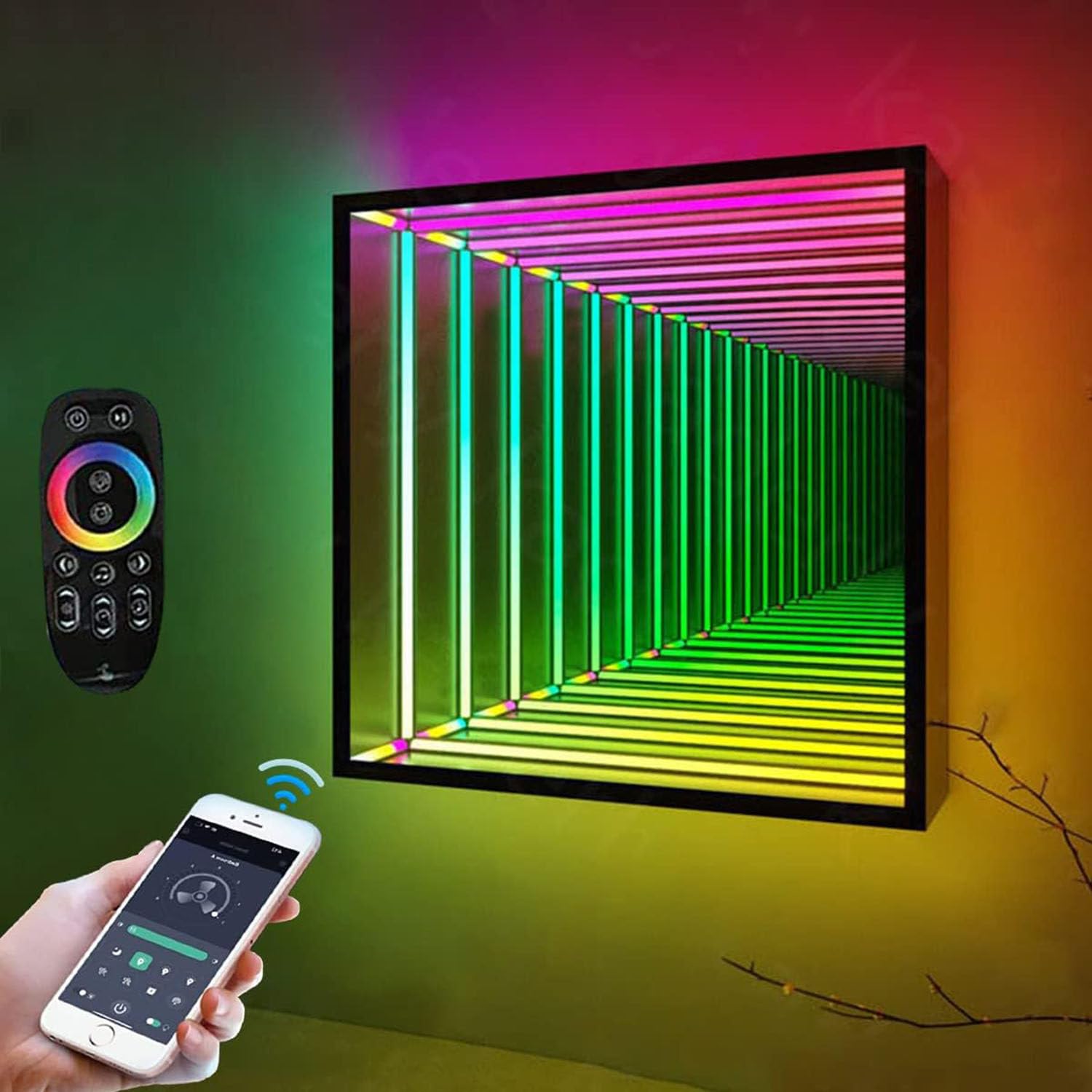 AityBuy Tunnel Mirror Lamp,Infinity Mirror Art Light Night Light,3D Mirror Tunnel Light,with Remote Control and Multi Color Changing Light,Mirror Wall Hanging Lights Quadrilateral-30cm/11.8"
