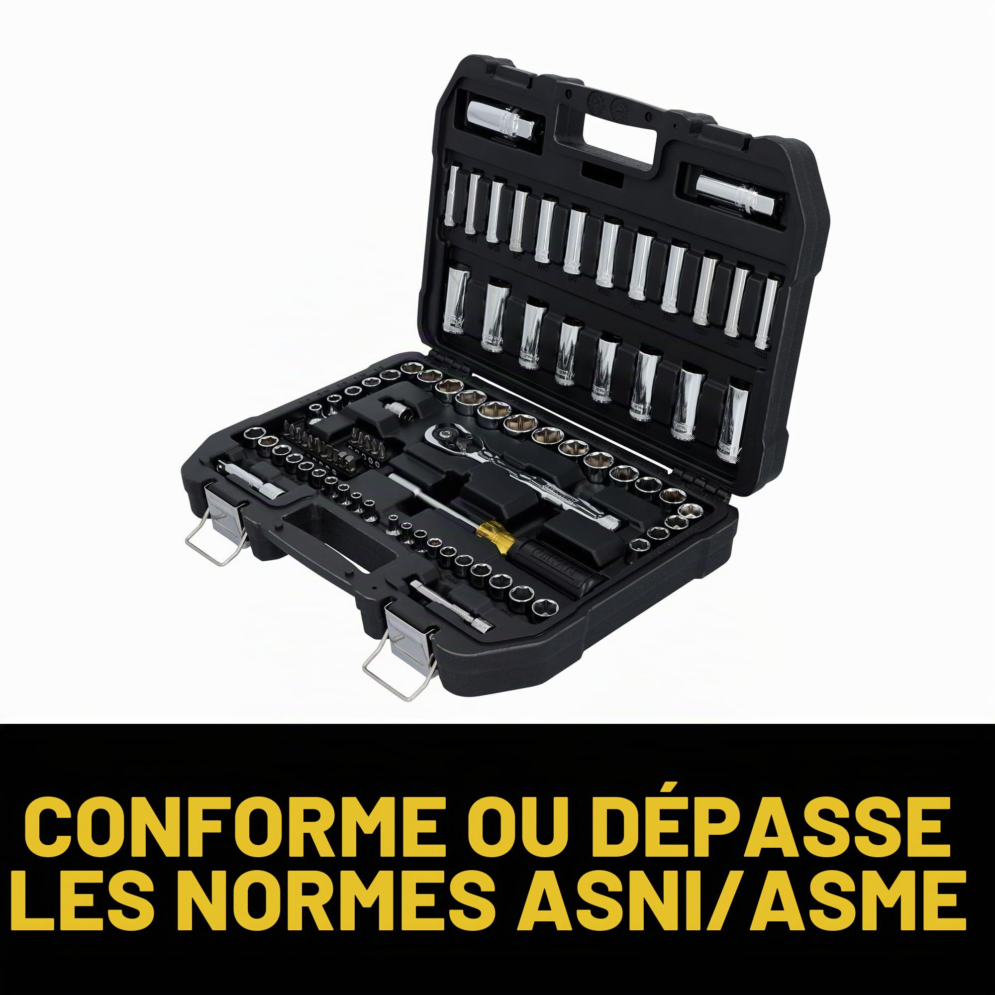 DEWALT DWMT45424 Ensemble d'outils de mécanicien, 84 pièces SAE/métriques avec cliquet à profil bas 72 dents, entraînement 6,35 mm