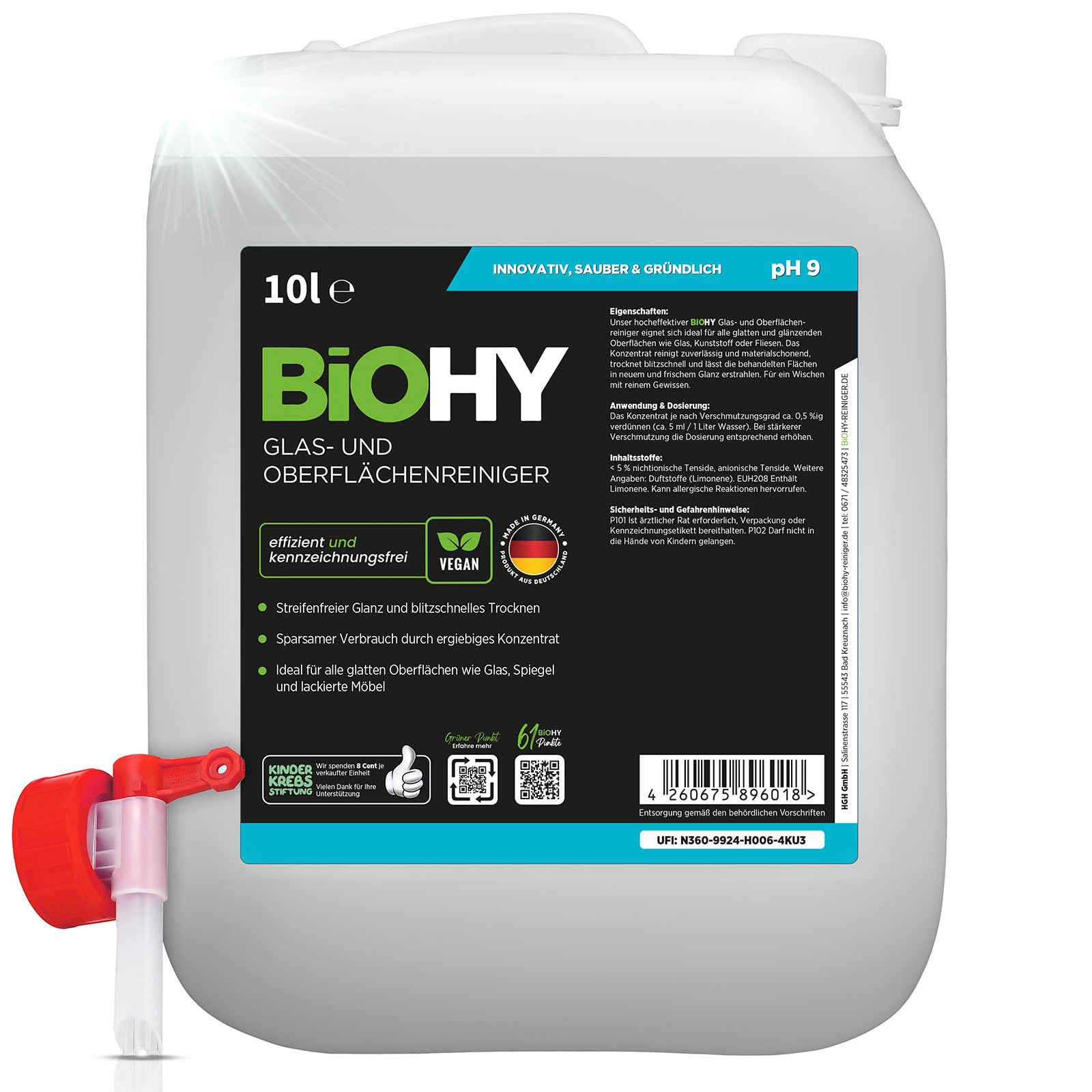 BiOHY Limpia cristales y superficies (Bidón de 10 litros) + Grifo de Salida | Concentrado para uso de aparatos y suelos duros | Olor agradable y limpieza sin rayas (Oberflächenreiniger)