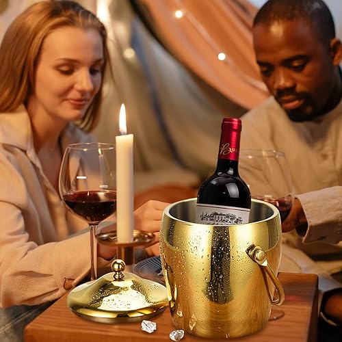 Miniatura 2 de Cubo de hielo para champán con pinzas y tapa de cucharada, cubo de hielo de doble pared para bar de vino, cubo de hielo con soporte y asa de