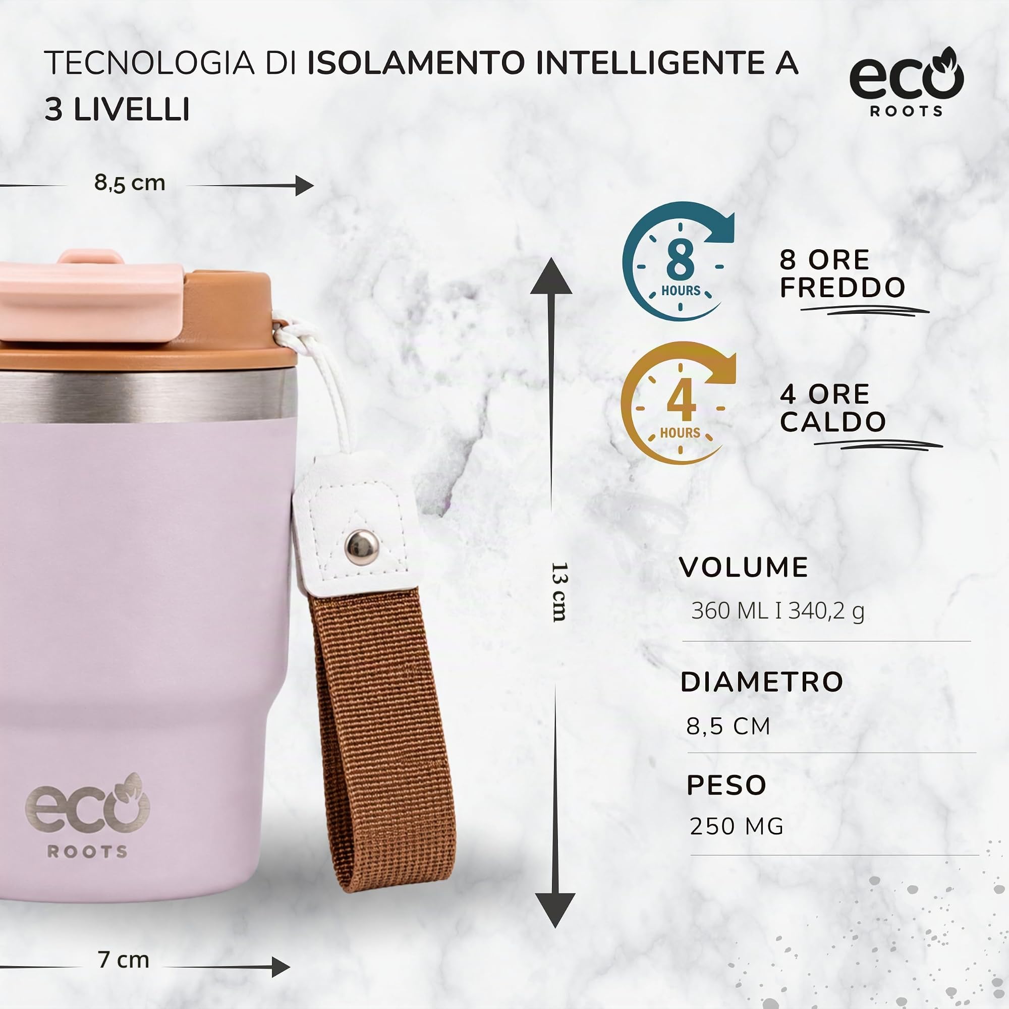 ECOROOTS Everegreen - Thermos Caffè 360 ml | Tazza Termica Antigoccia | Senza BPA | Bicchiere Termico per Caffè | Acciaio Inox | Travel Mug Bevande Calde e Fredde | Tazza da Asporto (LILLA LAVANDA)