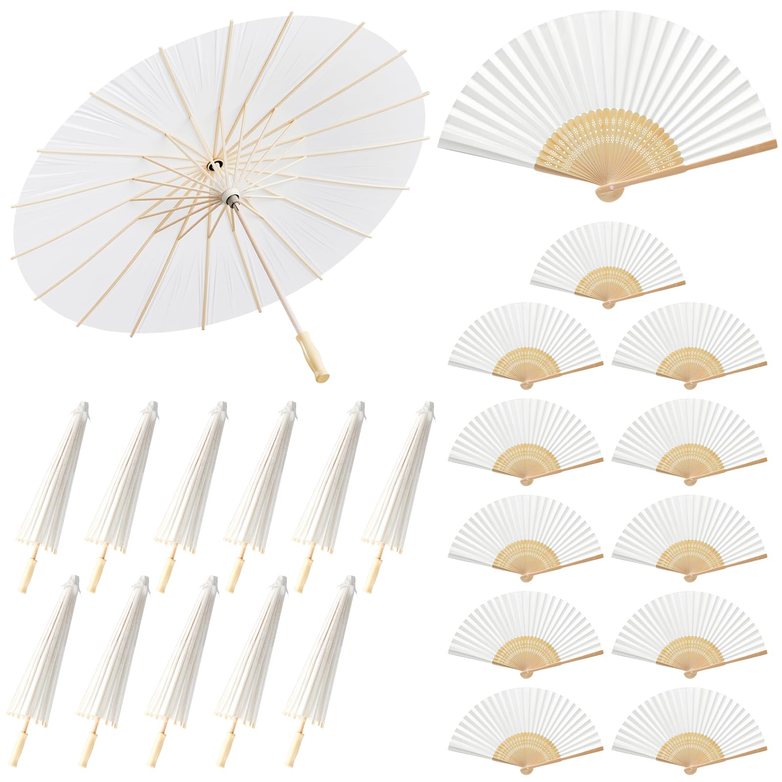 Hestya 12 White Paper Parasol 60 cm and 12 Wedding Fan Vintage Oiled Paper Japanese Umbrellas Bamboo Folding Hand Held Fan for Wedding Bridal Gift Party Favor Wall Church DIY Painting Decorative