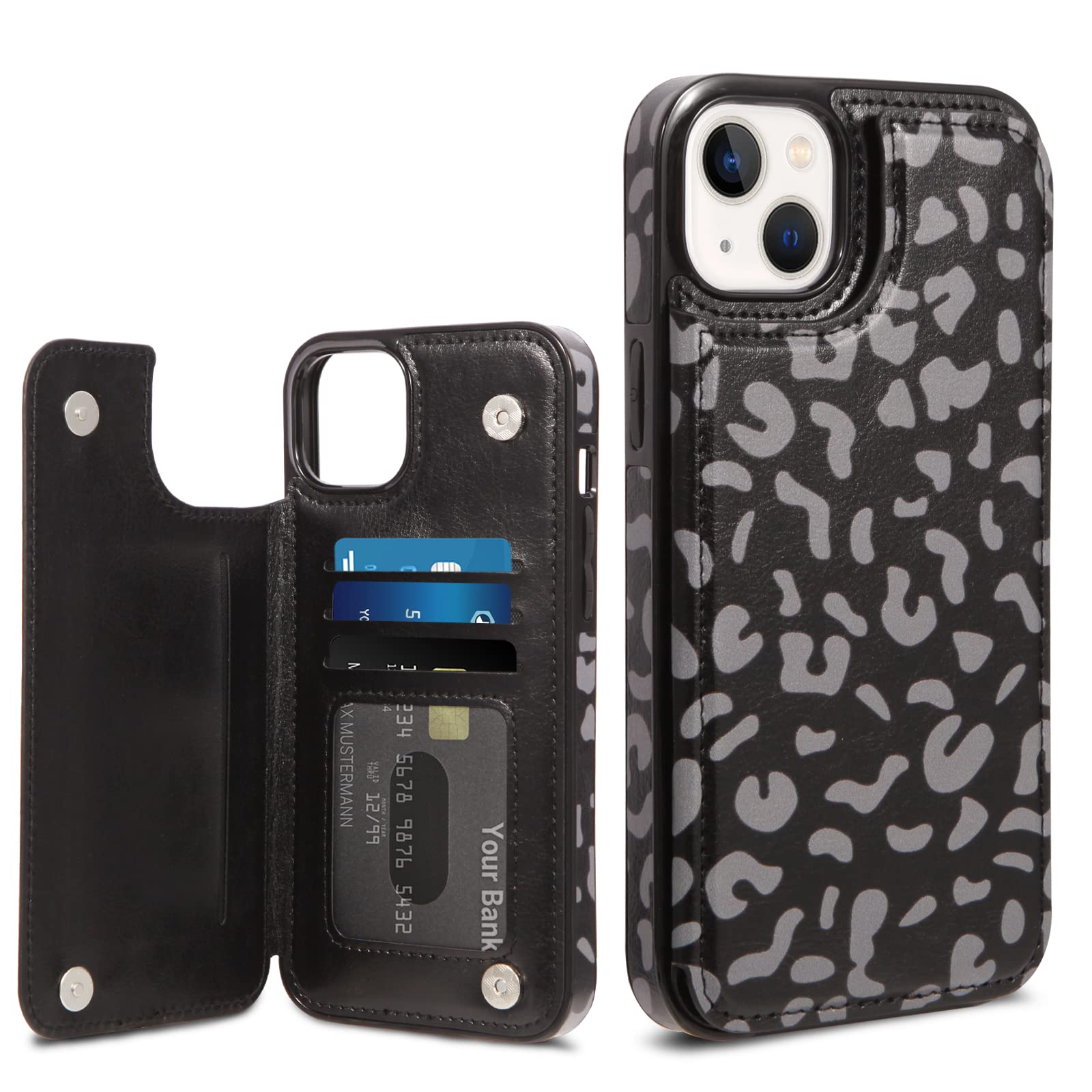 Wallet Case Compatible with iPhone 14 Max 6.7 inch, KSWNG Slim Protective Case with Card Holder, Flip Soft PU Leather Magnetic Durable Shockproof Cover (Black Leopard)