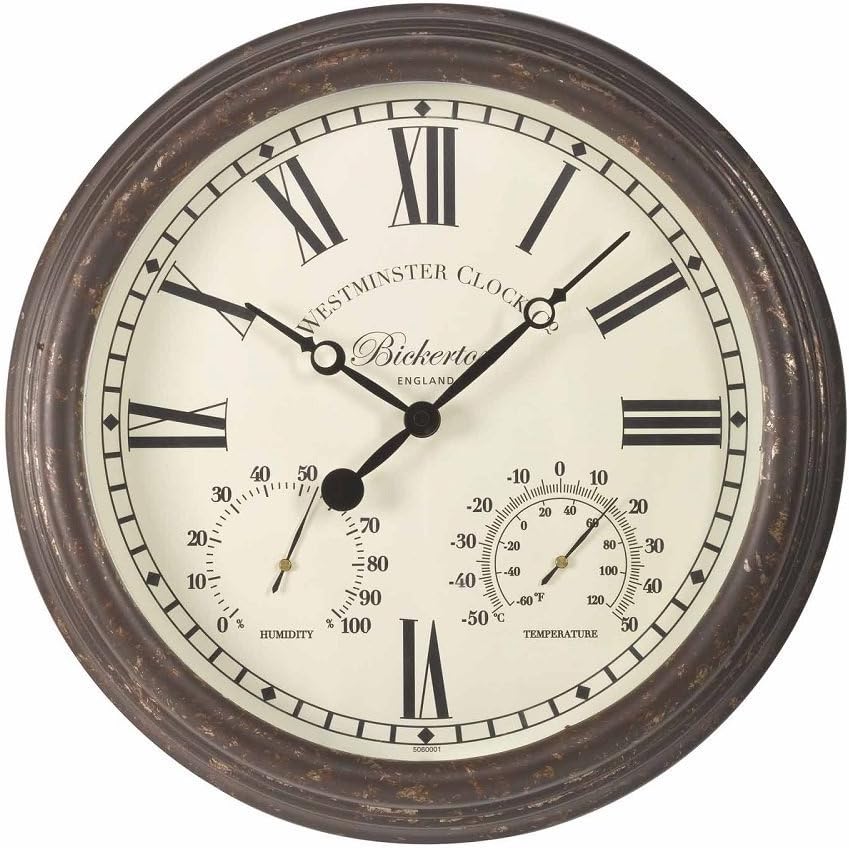 Bickerton Outdoor and Indoor Wall Clock with Thermometer and Hygrometer, Large 15 Inch Face