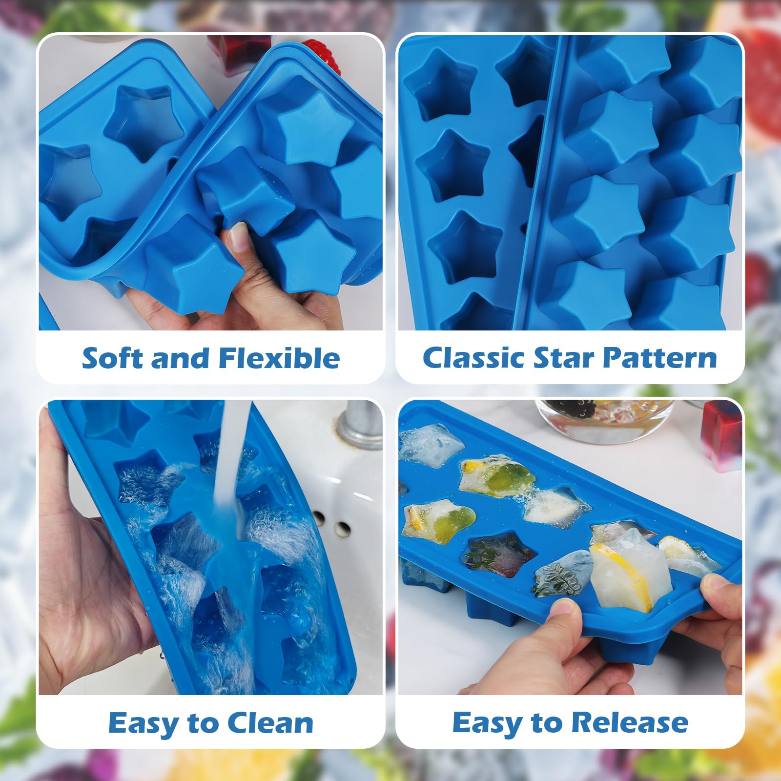 Webake Silicone Ice Cube Trays Star Shaped Ice Cube Molds for Whiskey and Cocktails, Easy Release Jelly Crayon Mold Pack of 3 Blue