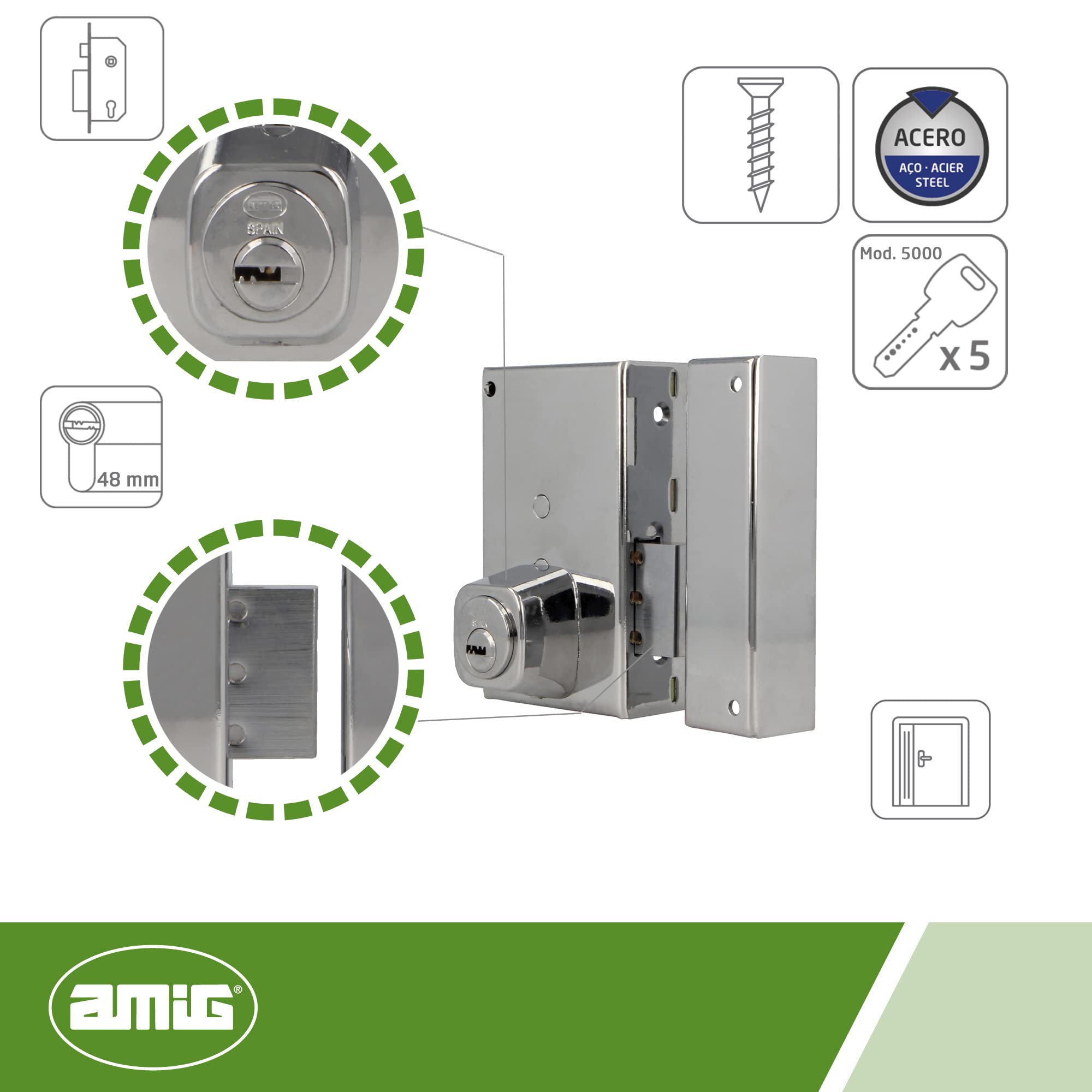 Amig - Verrou de sécurité avec levier de fermeture et languette pour portes en bois Mod. 75P
