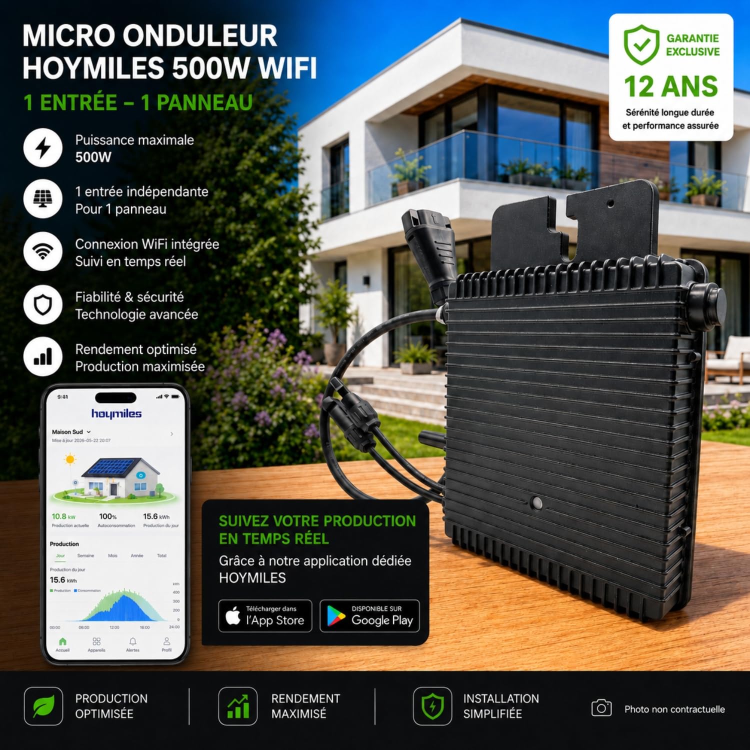 Pack Hoymiles HMS-500W-1T Micro-onduleur 500W – WiFi & Bluetooth – pour 1 Panneau + Câble AC HMS 5m + 2 Rallonges Staubli MC4 1m