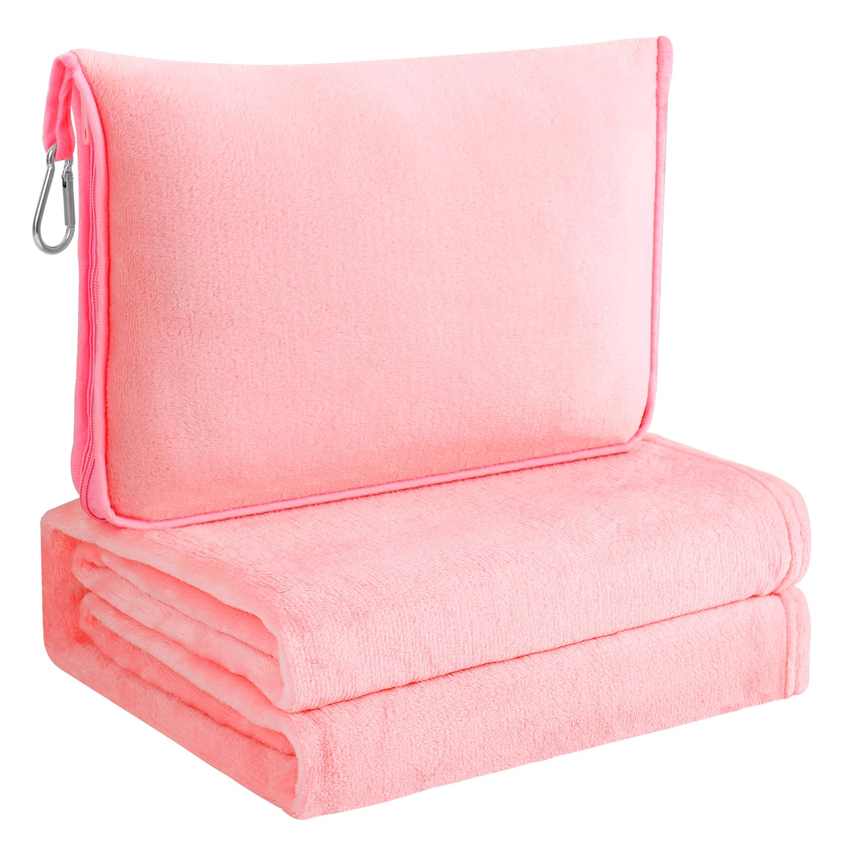 Manta de Viaje en Mini Funda Suave, Premium Suave 2 en 1 Manta de avión Bolsa Suave, Almohada Portátil para Adultos, Niños con Funda, Manga para Equipaje, Clip para Mochila, Viajes de Negocios, Rosa