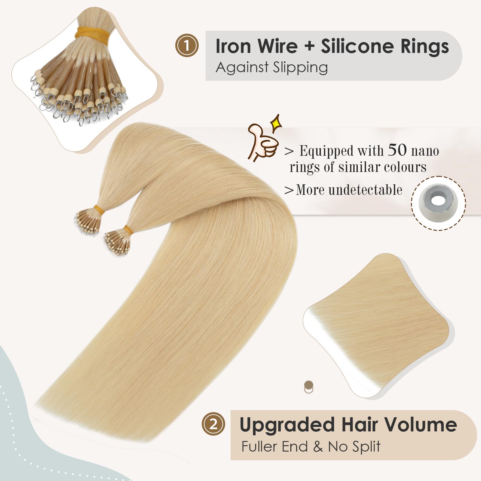Elailite Blonde Hair Extensions Real Human Hair Nano Ring Beads Cold Fusion 50 Strands 50g Straight (#613 Bleach Blonde, 14 Inch) - Image 3