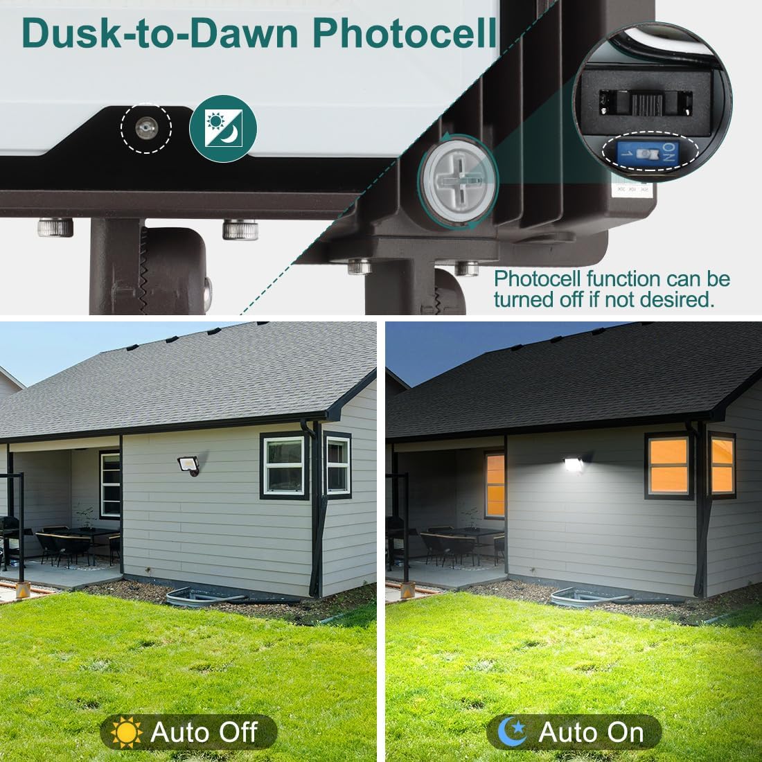 kadision 55W LED Flood Light with Dusk-to-Dawn Photocell, 3000K/4000K/5000K Selectable, 120V 6600lm IP65 Waterproof Knuckle Mount Outdoor Security Lights, ETL Listed 1-Pack