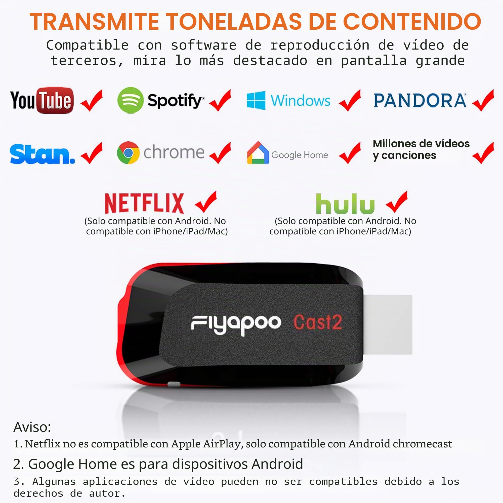 Miracast Dongle con Pantalla inalámbrica 4K, Adaptador WiFi HDMI para duplicación de Pantalla Desde teléfono/Pad a TV/proyector, Compatible con DLNA AirPlay Chromecast y Netflix