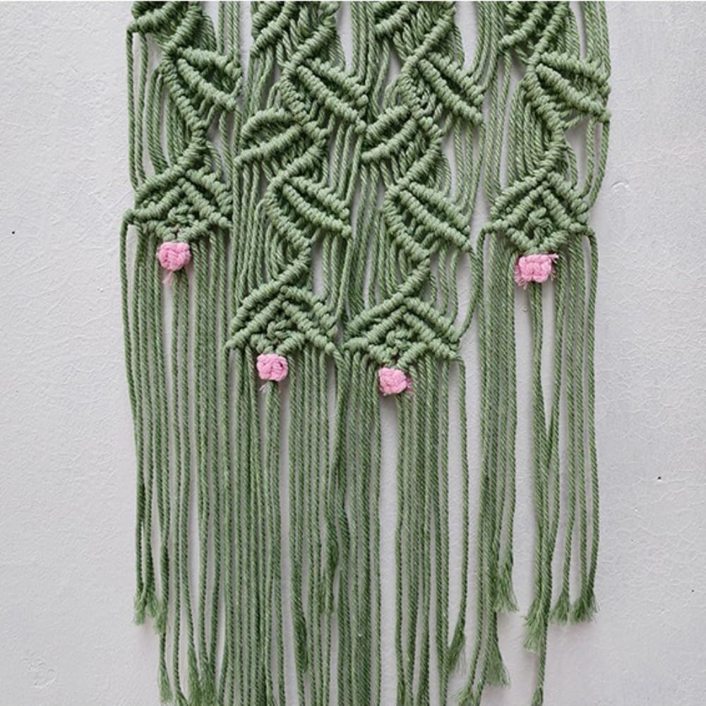 Arazzo da parete in macramè in corda di cotone, 85 x 30 cm, stile boho, con asta di legno, decorazione da parete per camera da letto, soggiorno, appartamento, tenda da parete, 2 pezzi, verde