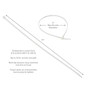 Gardner Bender 45-315 Cable Tie, 14 Inch., 75 lbs. Tensile Strength, Wire / Cord Management Industrial and Household Use, Nylon Zip Tie, 8 Pk., Natural