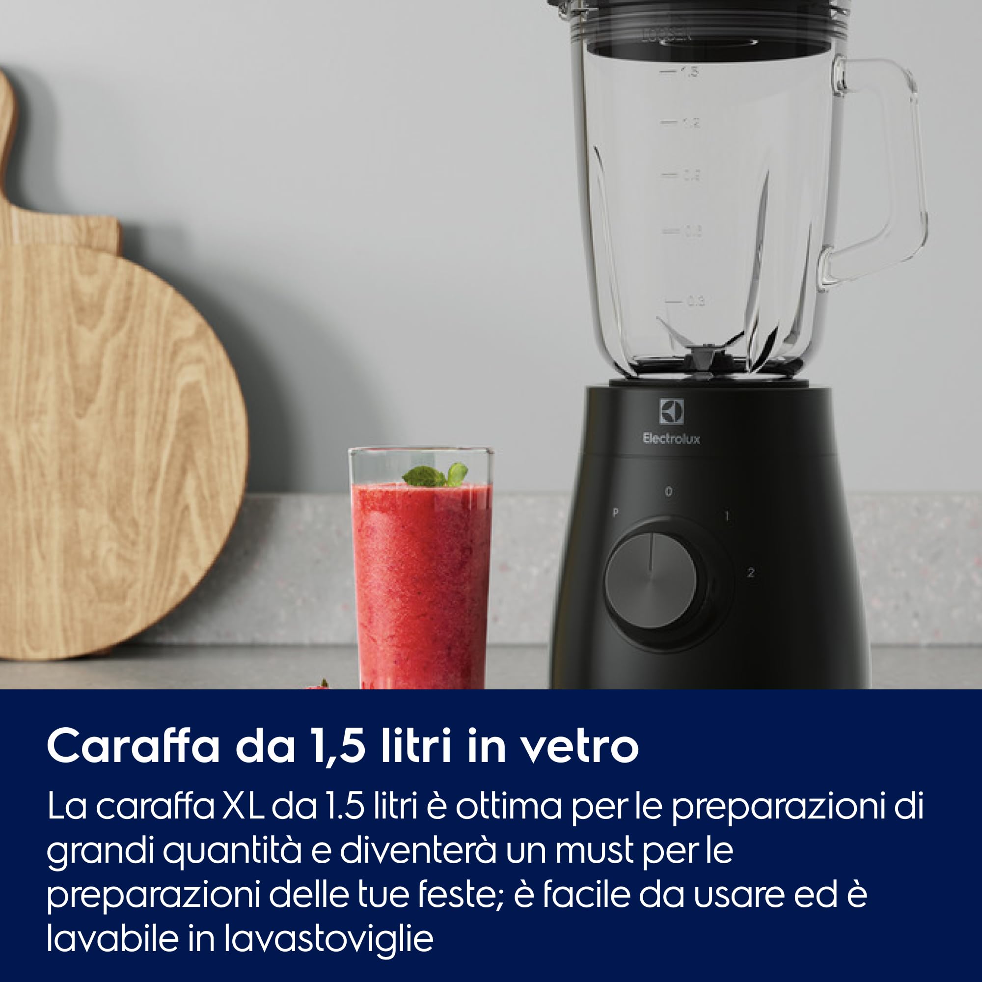 Electrolux E3TB1-4GG, Frullatore da Tavolo Create 3 con Lame TruFlow, Motore 500 W, Caraffa XL 1,5 L, 2 Velocità e Funzione Pulse, Lame in Acciaio Inox, Nero