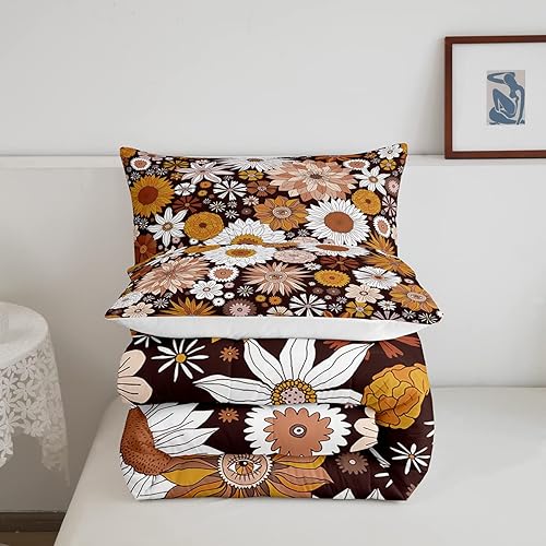 Miniatura 5 de Juego de ropa de cama floral de otoño bohemio, tamaño Queen, retro, Groovy Power Flower, juego de edredón con ojos bohemios, edredón hippie para