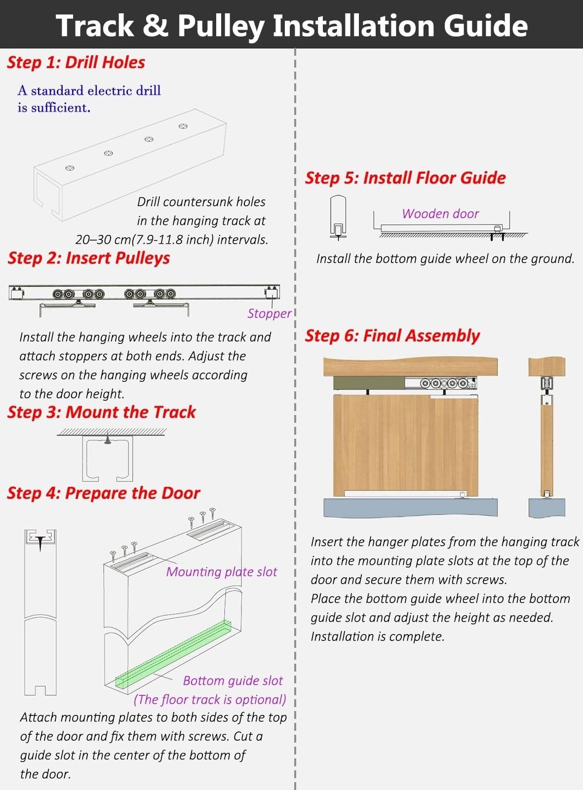 Kit de riel para puerta corredera para puertas de derivación, sistema de herrajes para puerta de granero con tornillos y juego de polea, herrajes para marco de puerta de bolsillo