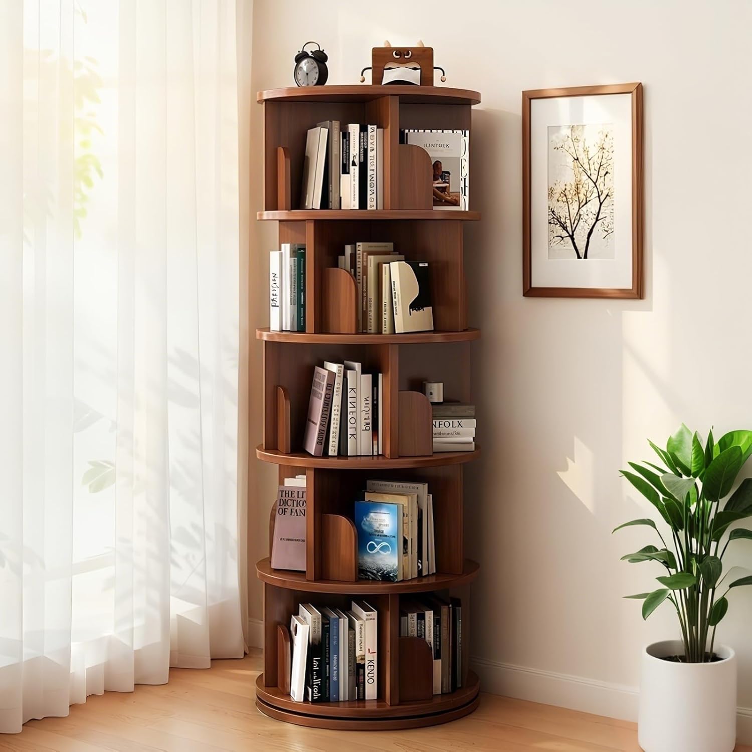 5 Tier Rotating Bookshelf Tower, 360° Revolving Bookcase, Round Spinning Book Shelf Kids, Small Corner Bookshelf for Living Room, Home, Office, Walnut